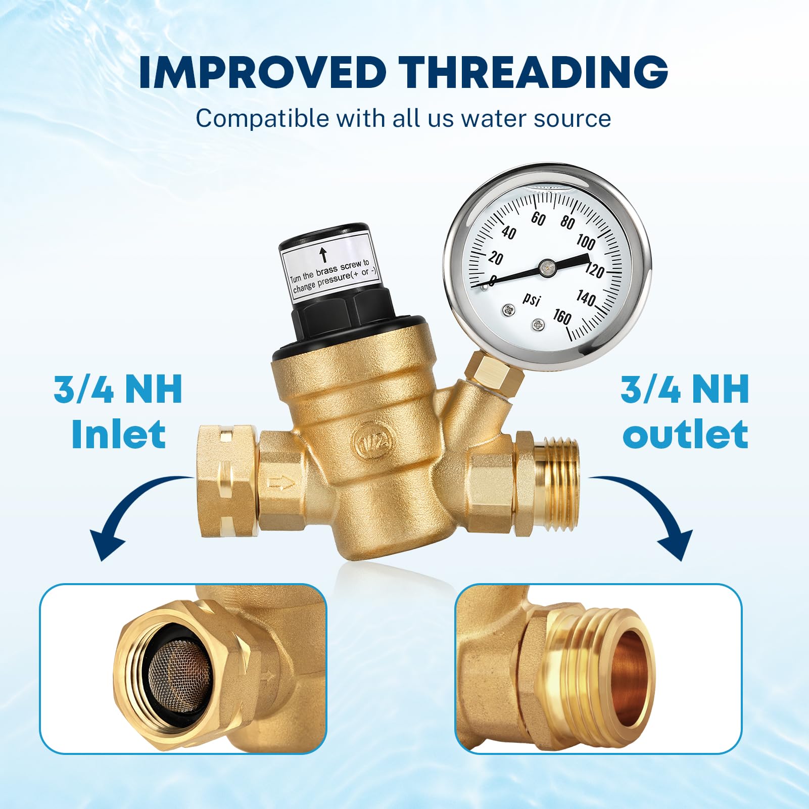 Kohree Rv Water Pressure Regulator, Water Pressure Regulator For Rv Camper Brass Lead-Free Adjustable Water Pressure Reducer Val