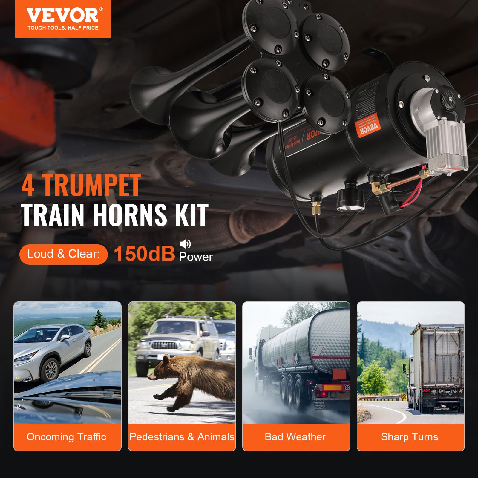 VEVOR 4 Trumpet Air Horn Kit, 150dB with 12V 120psi Compressor, 3L Tank, Upgrade Material, Model HS-550 for Trucks and Boats