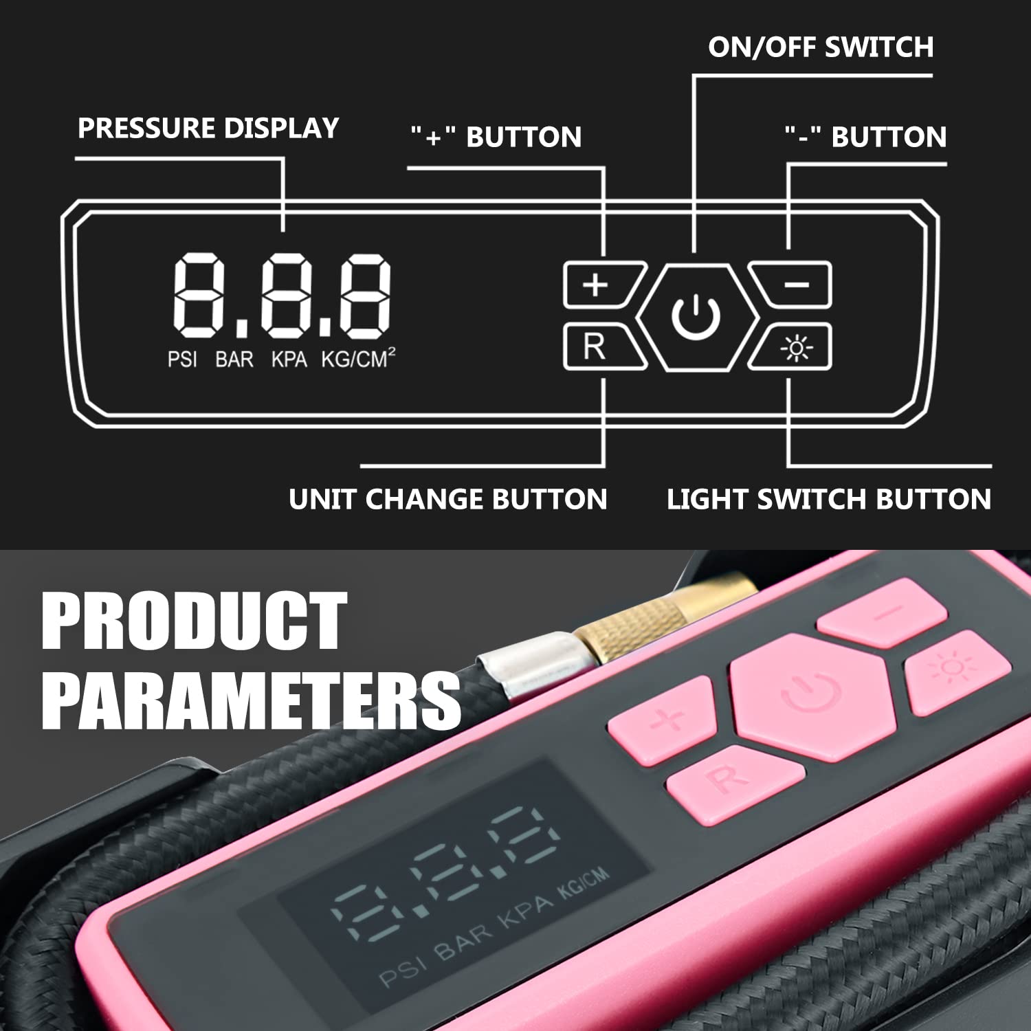 DNA MOTORING Portable 12V DC Digital Tire Inflator Air Compressor, Pink, Model TOOLS-00212, with Pressure Gauge for Cars and Bicycles