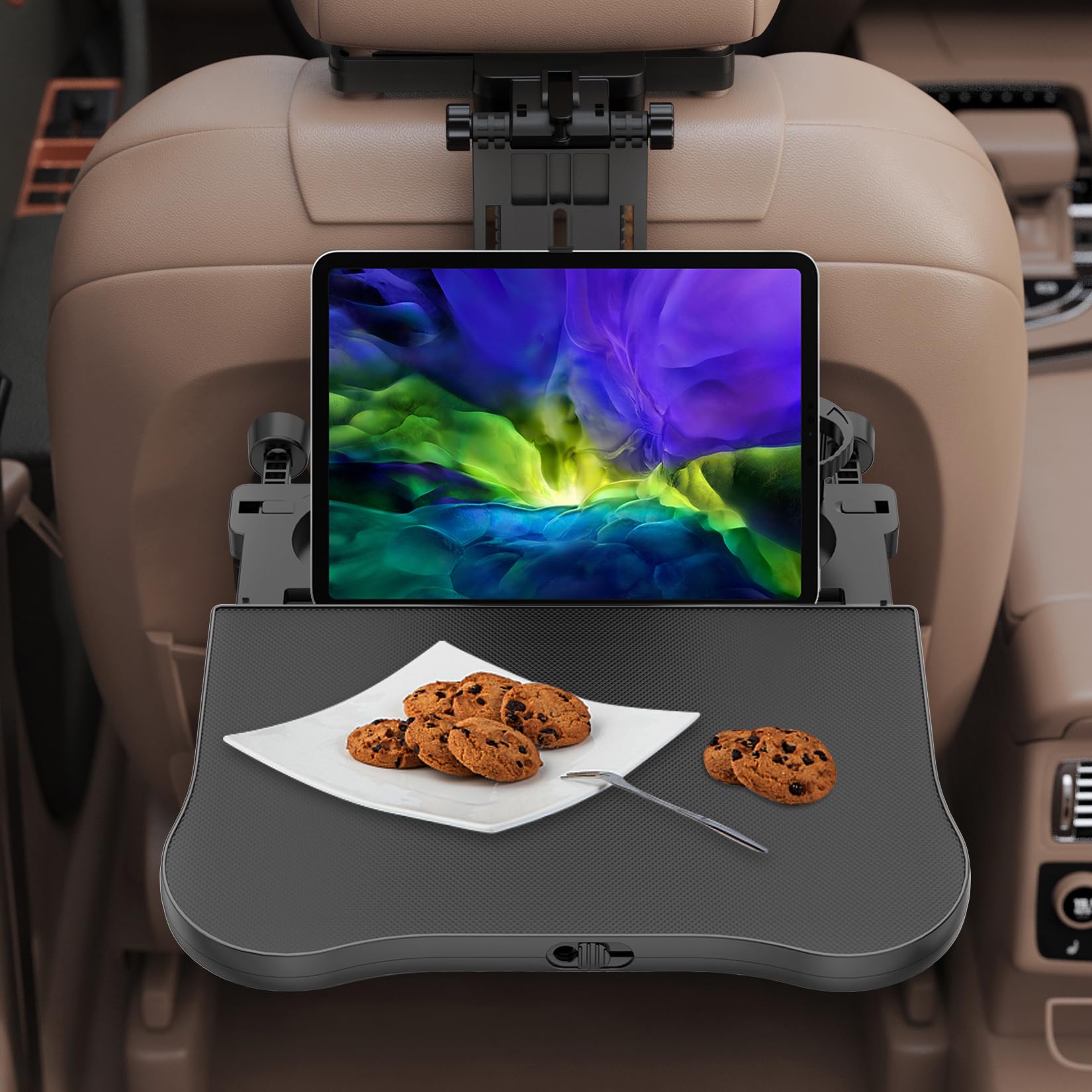 Tueou Foldable Car Seat Tray Table - Medium Black Plastic with Non-Slip Pad, Phone/Tablet Holder for Kids & Roadtrip Dining