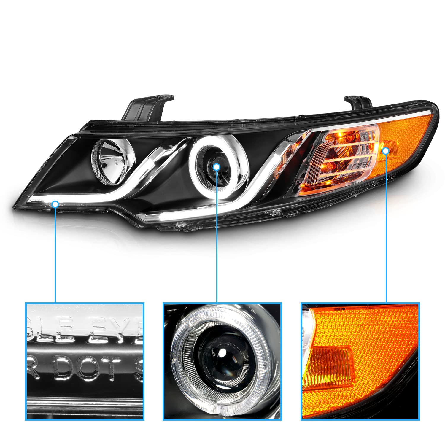 AmeriLite Dual LED Halo Black Projector Headlights for 2010-2013 Forte Koup - Driver & Passenger Side Replacement Pair