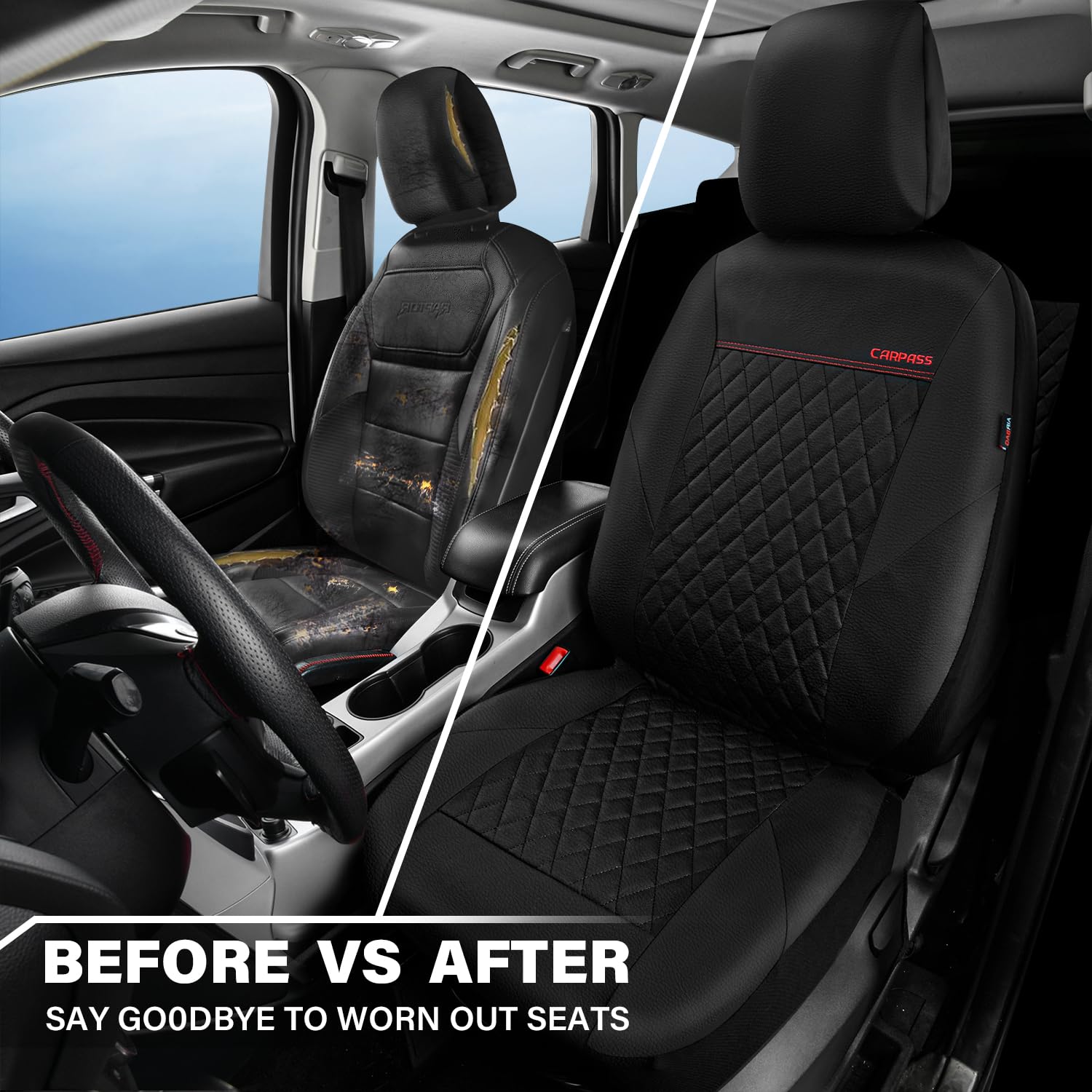 Car Pass Quilting Leather Seat Cover Two Front Seats Only, Universal Fit Automotive Front Seat Covers Waterproof Deluxe Pu Premi