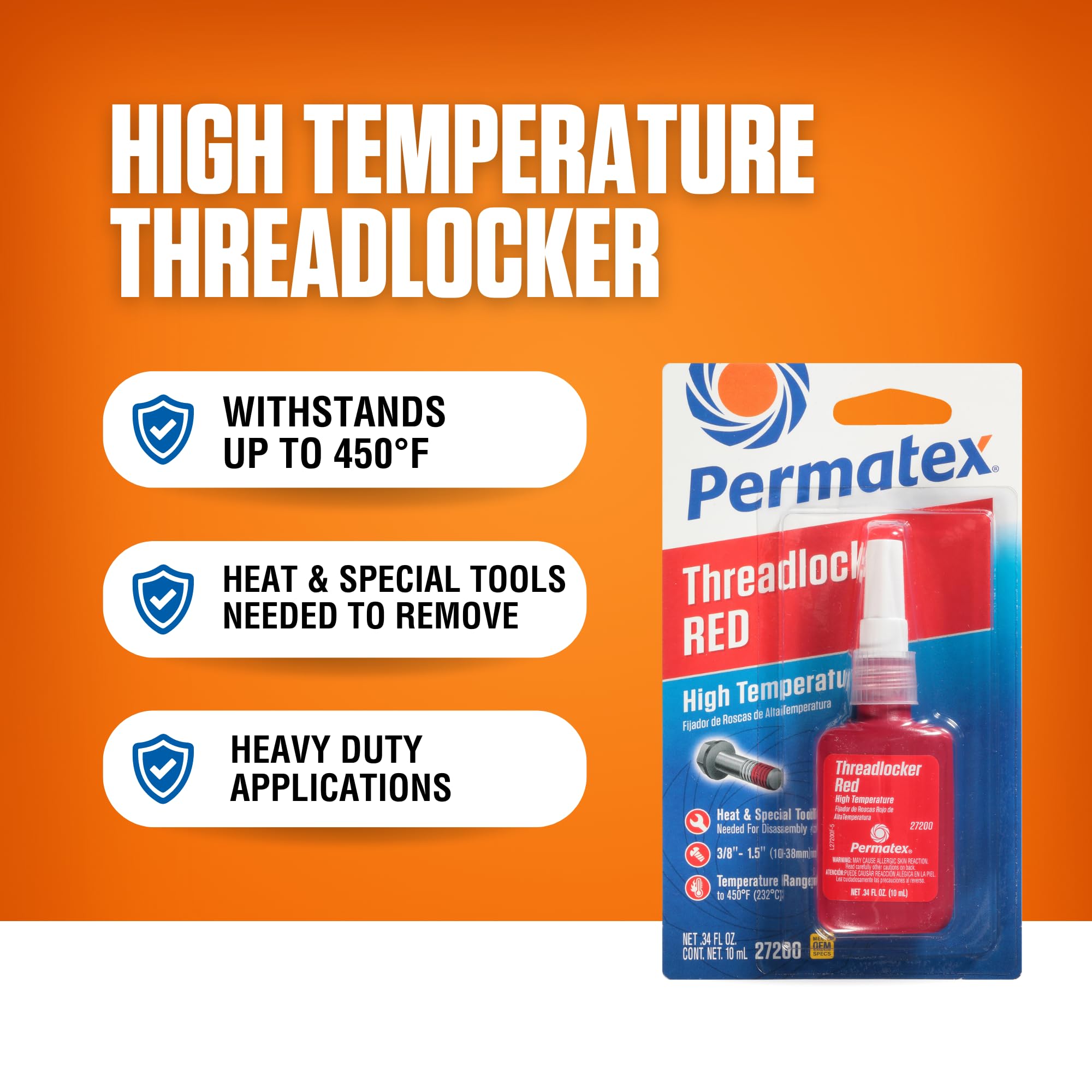Permatex High Temperature Threadlocker Red, 10 ml, Model 27200 - Strong Adhesive for Secure Fastening
