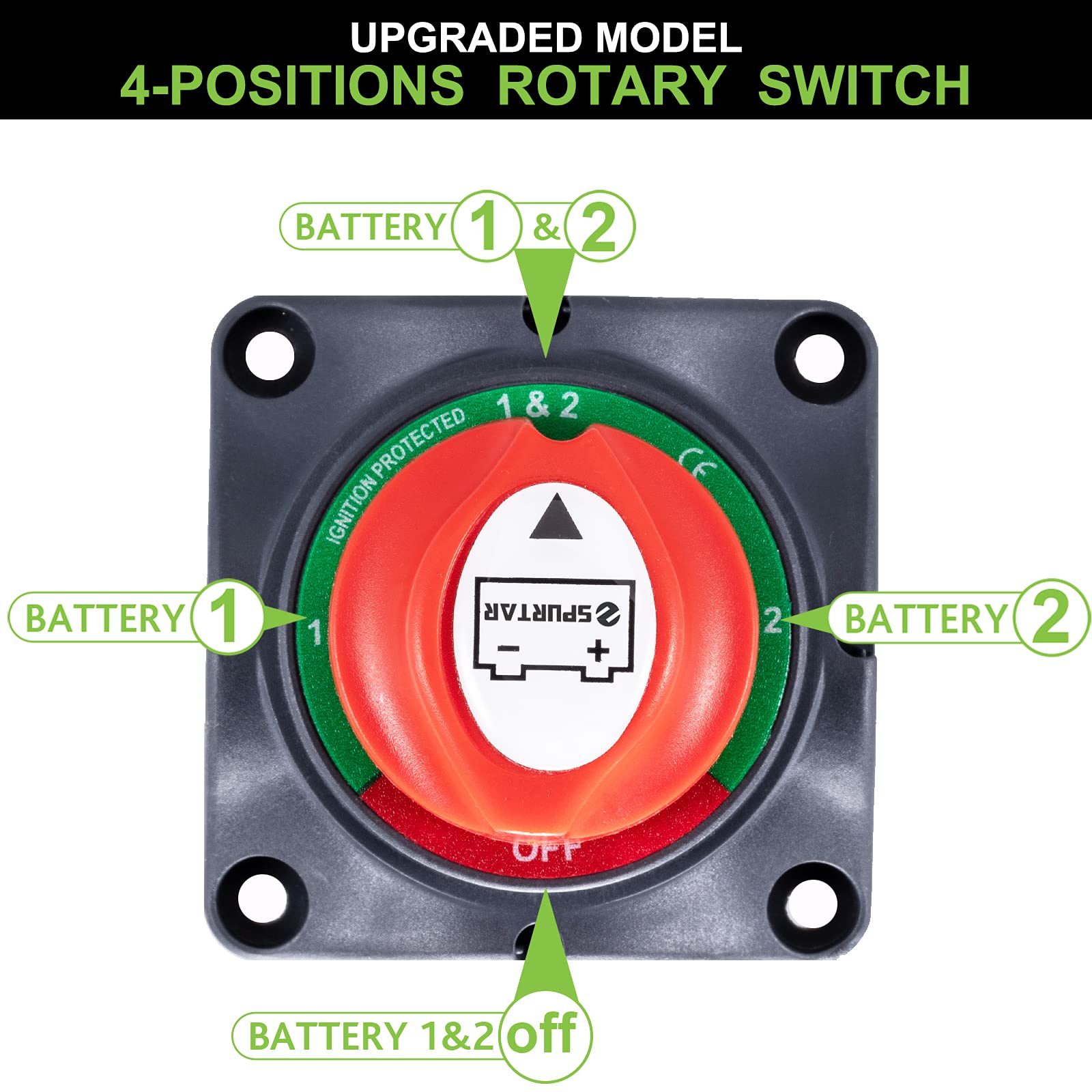 Spurtar Battery Disconnect Switch 1-2-Both-Off, DC 12V-48V Master Marine Battery Switch Power Cut Off for Marine Boat Car ATV RV