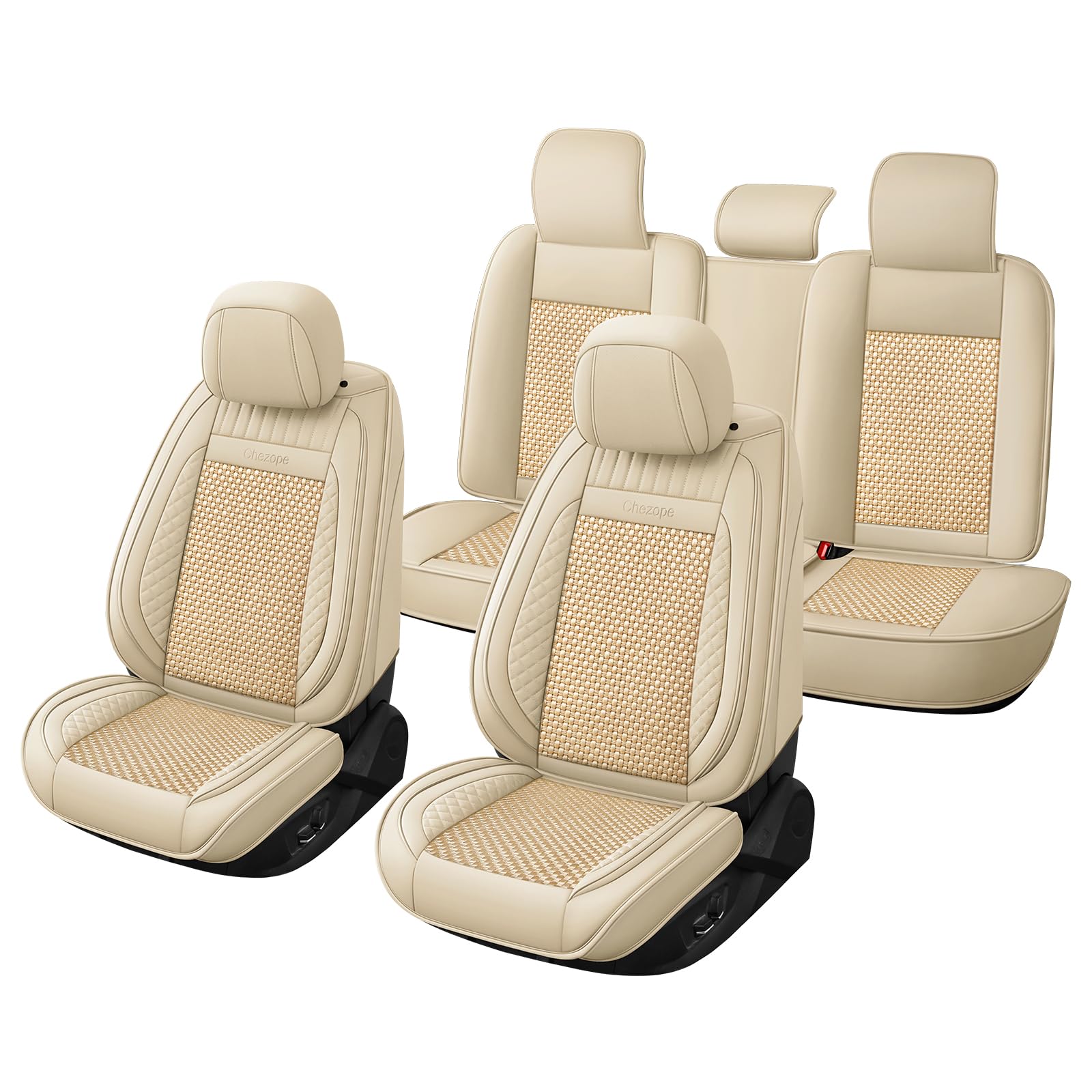 Chezope Full Set Beige Leather Car Seat Covers, Breathable & Wear-Resistant, Universal Fit for Cars, SUVs, Trucks