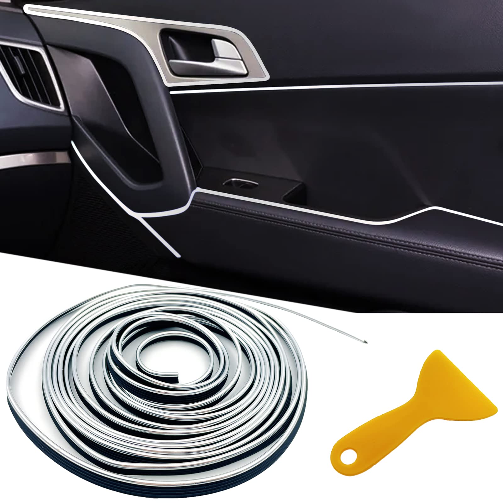 Car Interior Trim Strips,Universal 9.8 Ft Car Electroplating Decoration Styling Door Dashboard, Flexible Interior Trim Accessories With Installing Tool(Silver)
