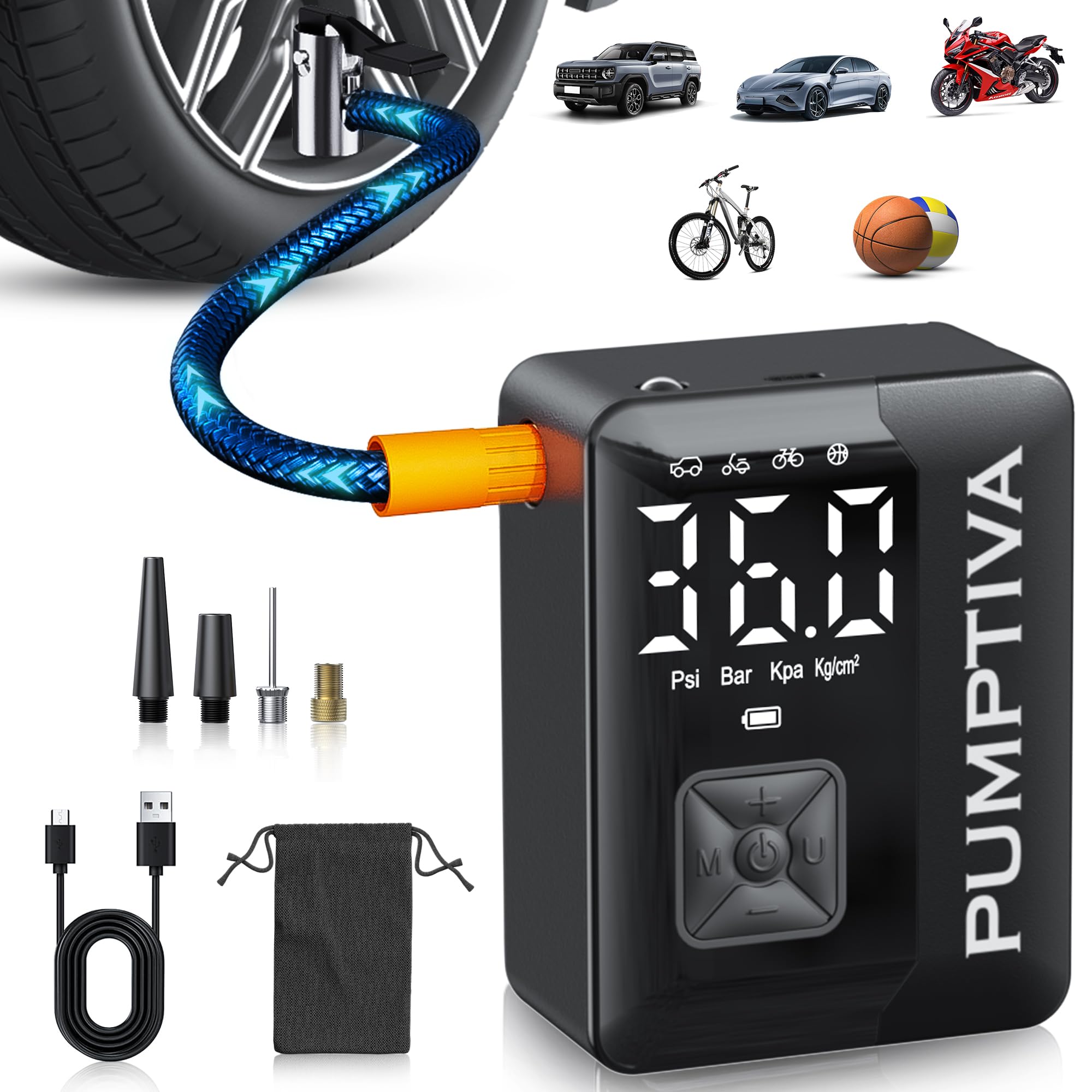 Pumptiva Tire Inflator Portable Air Compressor, 3X Faster Portable Tire Inflator for Car 150PSI Air Pump for Car Tires with LED 