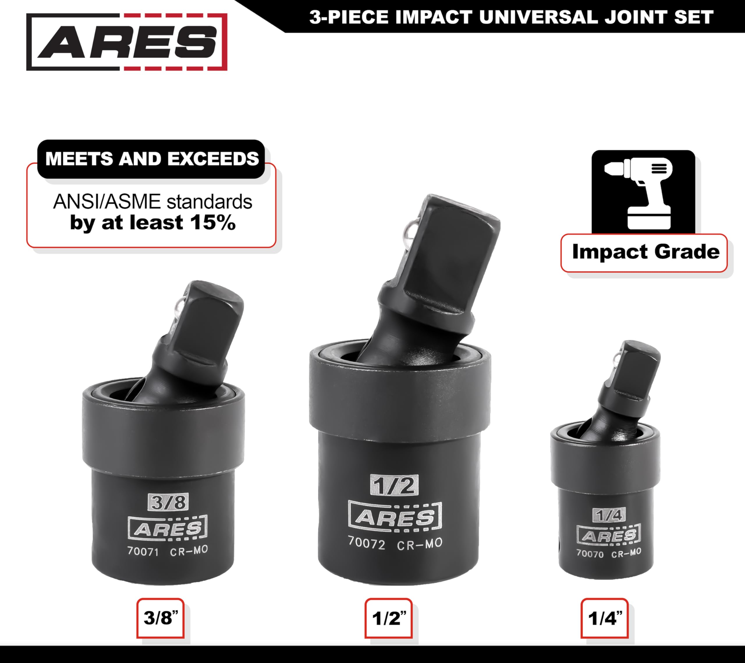 ARES 70073 3-Piece Impact Universal Joint Set - Chrome Moly U-Joint Sockets for 1/4", 3/8", and 1/2" Drive - Access