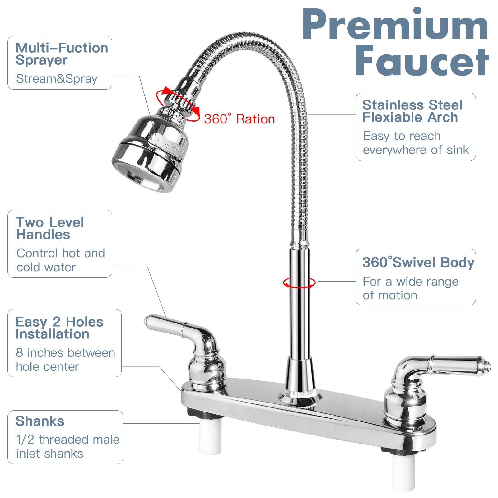 EXCELFU RV Sink Faucet - 360° Rotatable Sprayer, Stainless Steel, Model RV-8769, Ideal for RVs, Campers, Motorhomes, and Travel Trailers