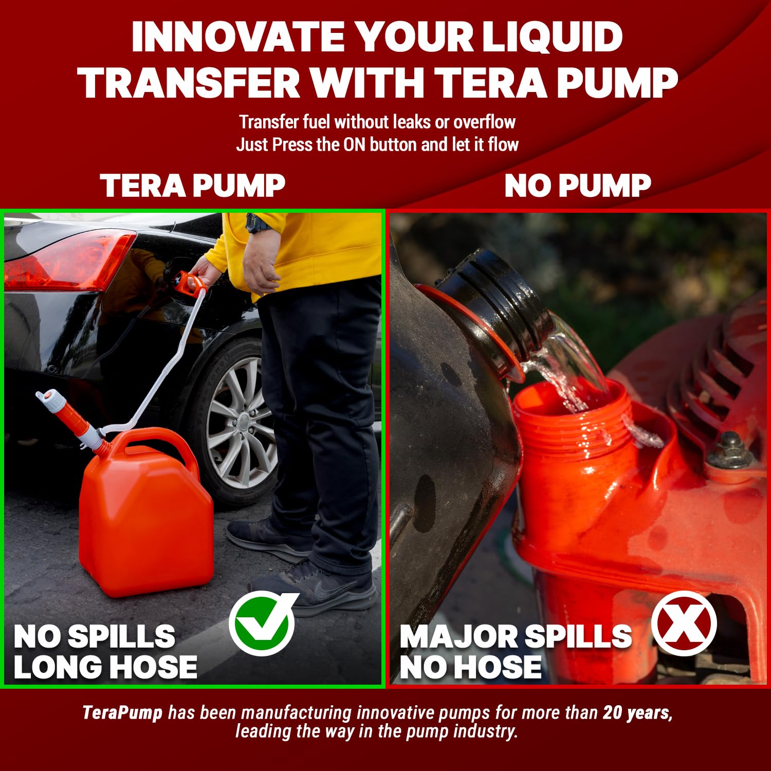 TERA PUMP - 2pk Battery Powered Transfer Pump for Fuel and Water w/Ergonomic Nozzle Handle, Fits All Size Cans, Transfer at 1.8