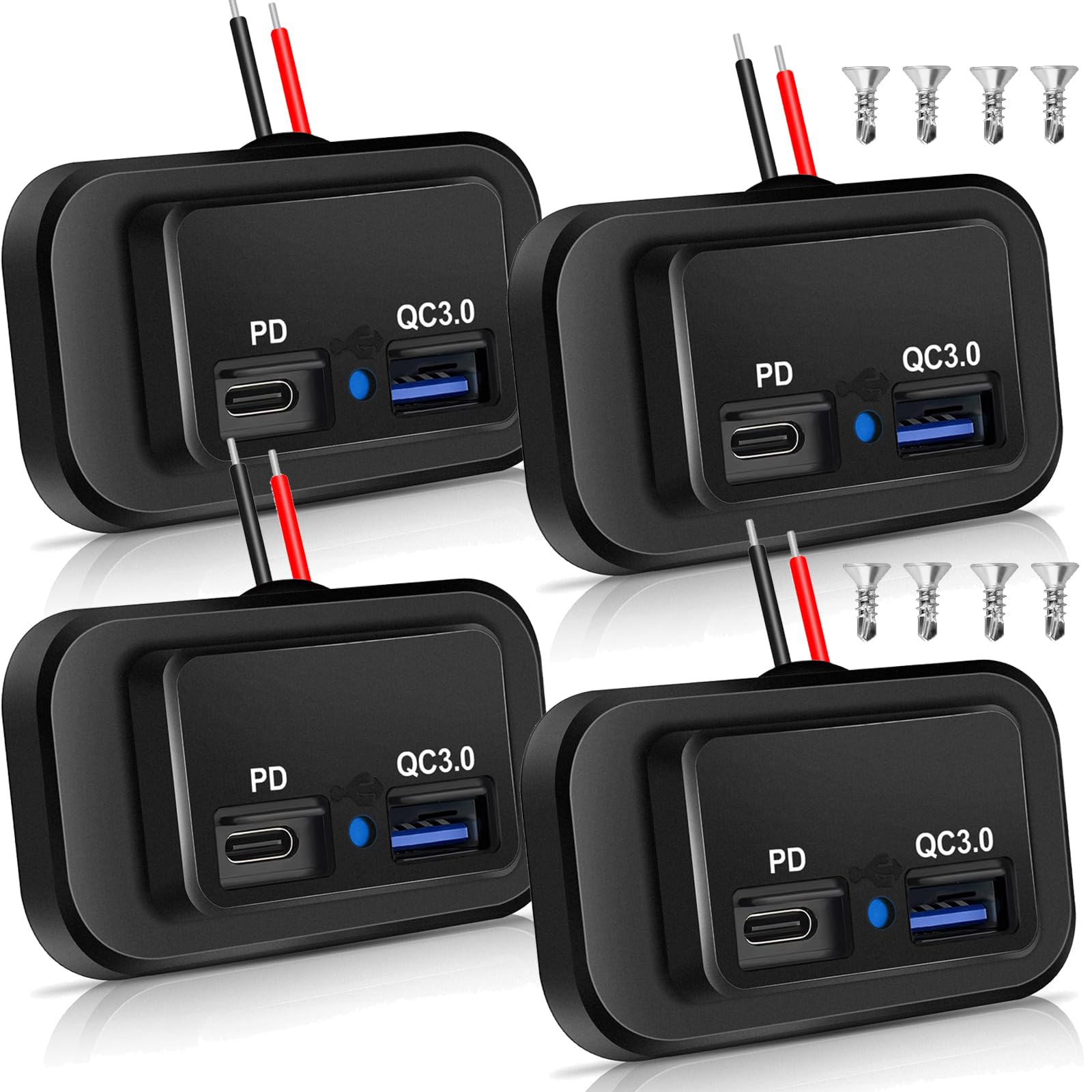 4PCS 48W 12V/24V RV USB Outlet, Vadaxx Dual PD3.0 Type-C (USB C) &Quick Charge QC3.0 USB-A Port Panel Wall Mount Automotive Car 