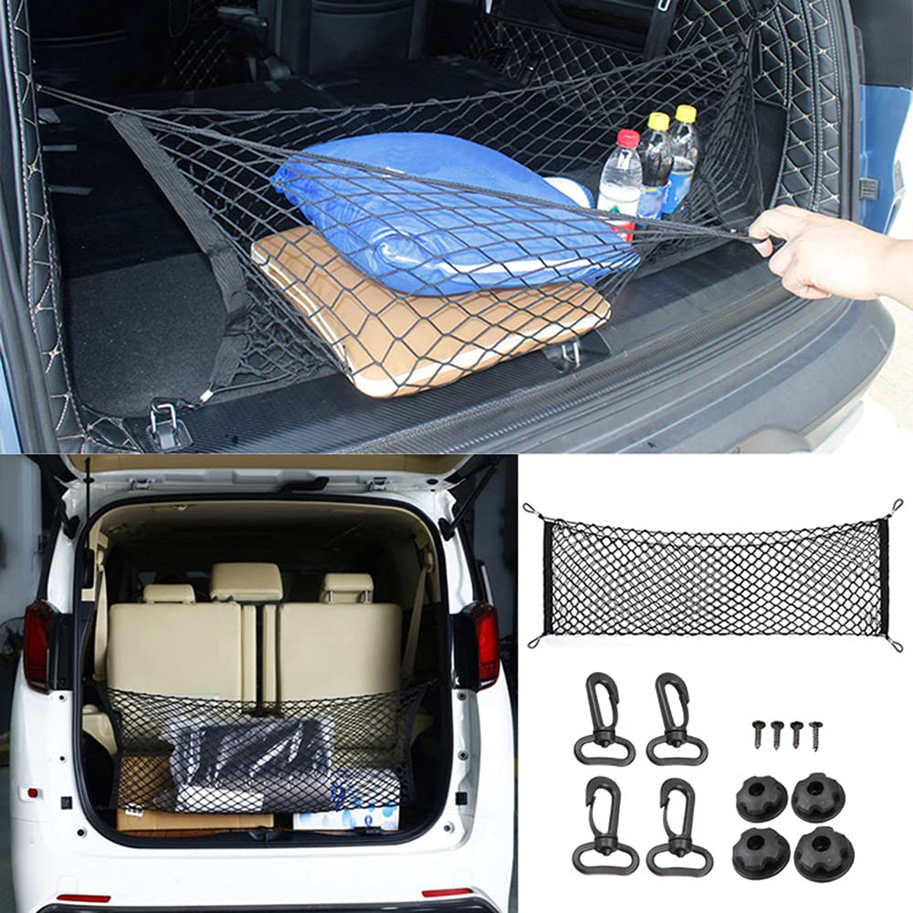 Car Rear Cargo Net, Universal Adjustable Elastic Trunk Cargo Storage Organizer Net, Double-Layer Storage Nylon Mesh Compatible F