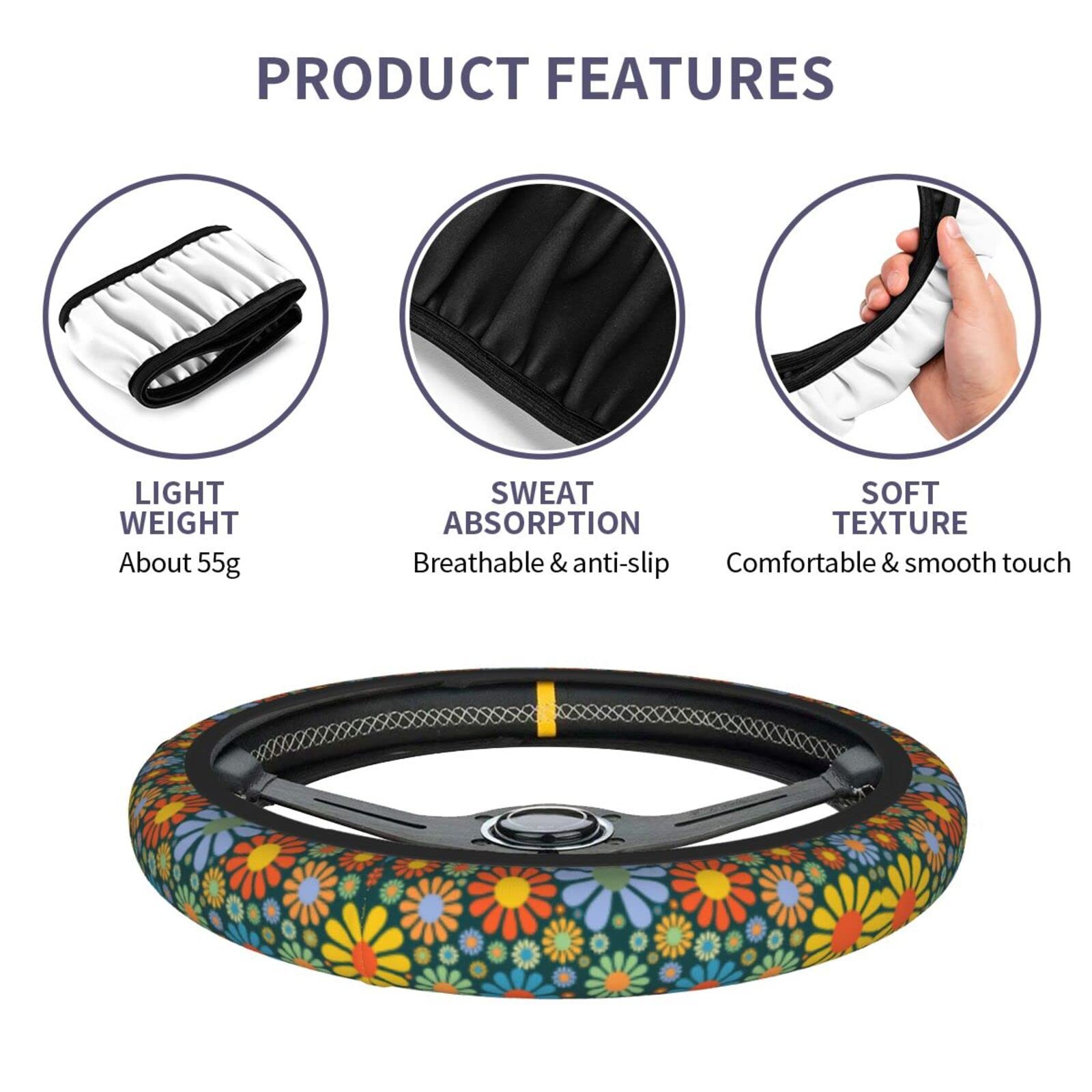 Hippie Daisy Flower Steering Wheel Cover for Women Men with 2 Pcs Car Coasters, Universal 14.5-15 Inch Rainbow Steering Wheel Co