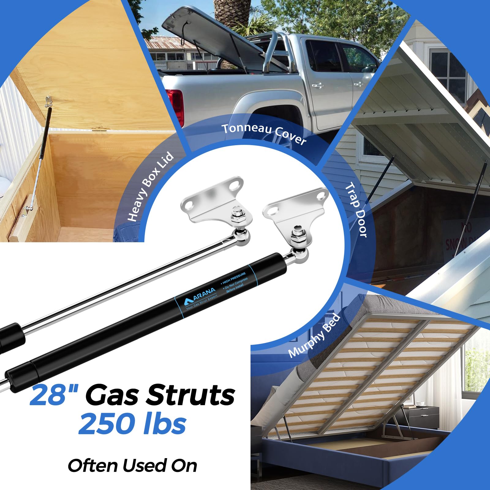 ARANA 28 Gas Struts 250lb Shock Props with Mounting Brackets for Heavy Duty Lid, Murphy Queen Bed, RV Bed, Trap Door, 2Pcs