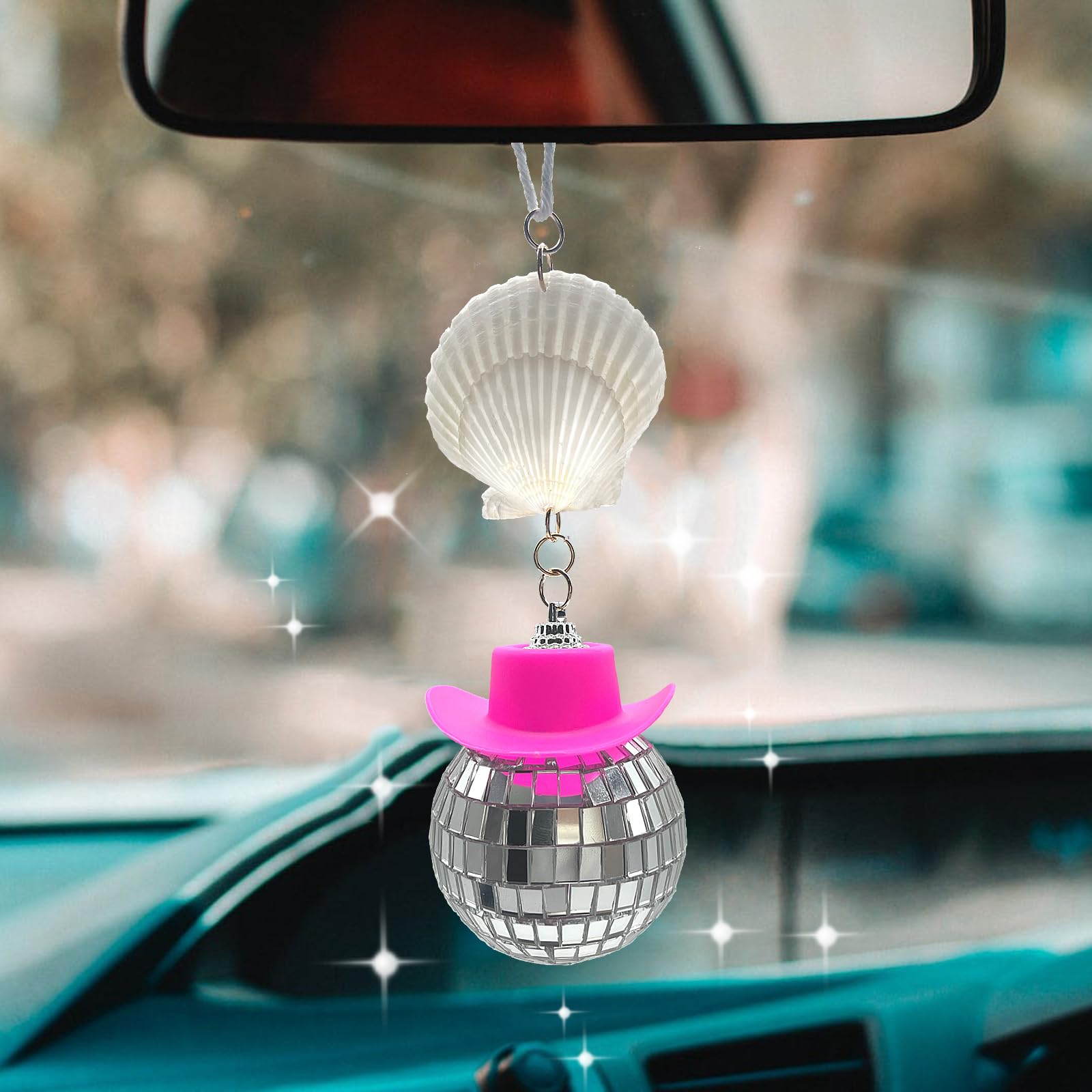 Spansee Pink Coastal Disco Ball For Car, Beach Car Accessories, Shell Car Charm, Disco Ball With Cowboy Hat, Disco Ball Car Accessory, Seashell Car Mirror Hanger, Car Mirror Hanging Accessories