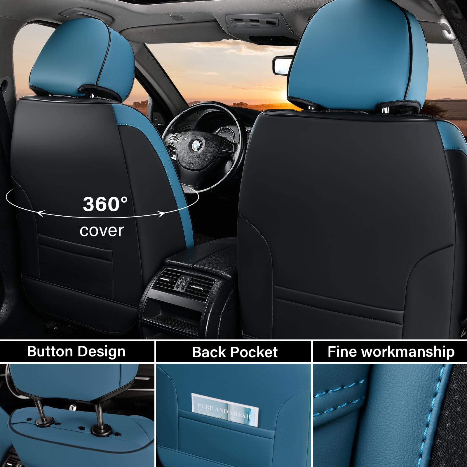 Coverado Faux Leather Seat Covers Full Set, 5 Seats, Universal Fit, Blue, Model 8825