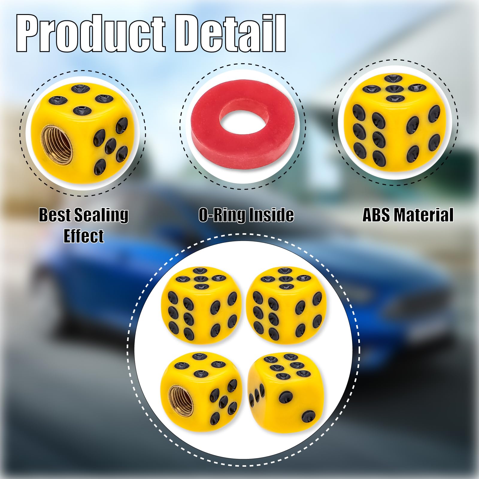 MEAJOO 4PCS Dice Tire Valve Stem Caps - Waterproof ABS Plastic - Yellow-Black - Universal for Cars, SUVs, Trucks, Bikes, Motorcycles