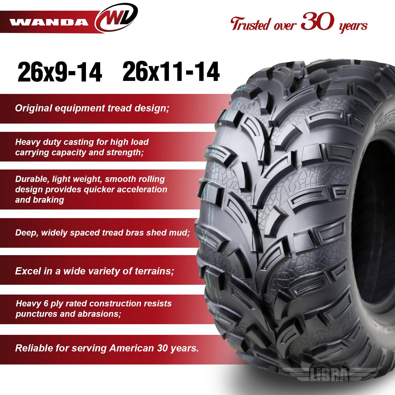 Wanda Set Of 4 Atv Utv Tires 26X9-14 Front & 26X11-14 Rear 6Pr Mud