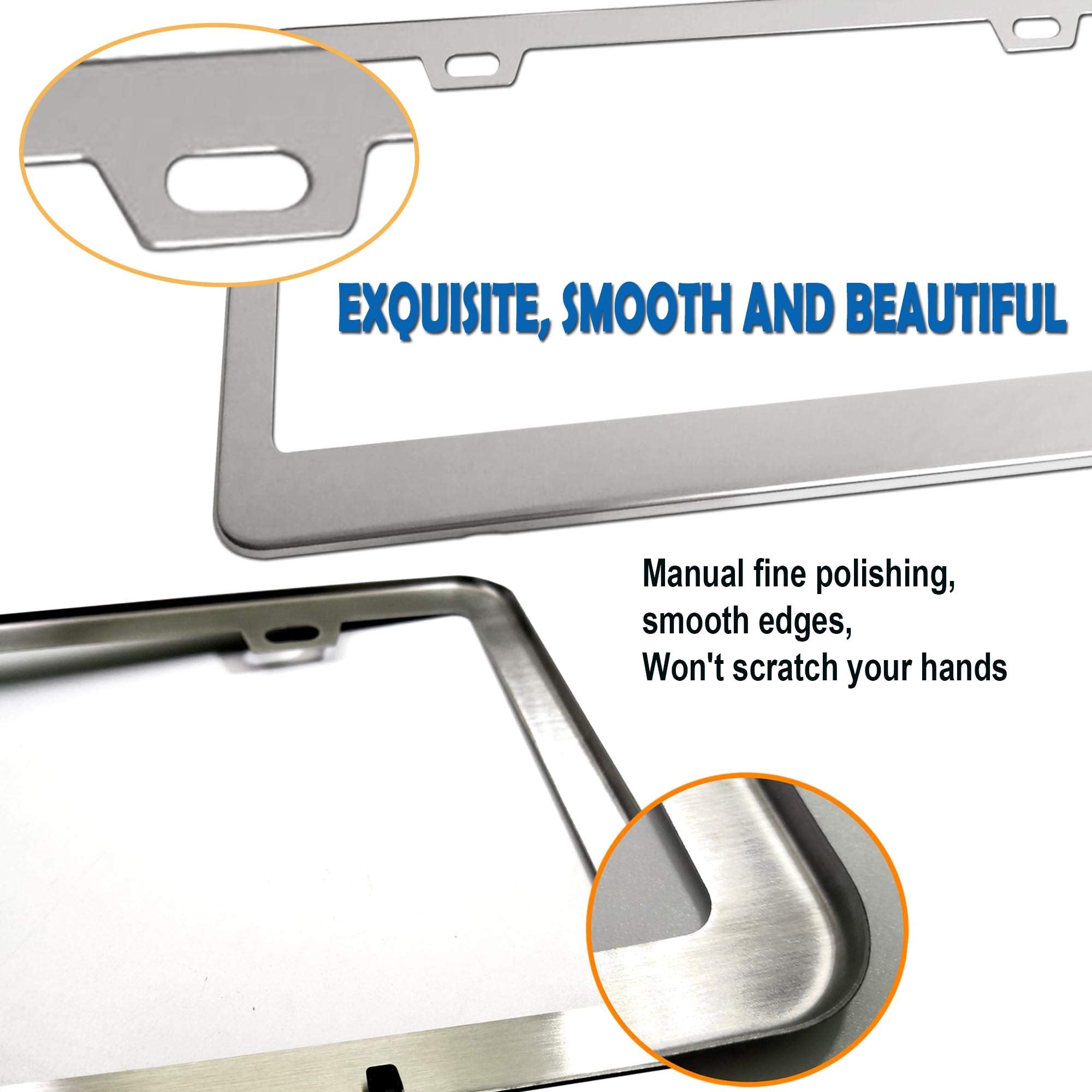 Bggtmo Stainless Steel License Plate Frames- Heavy Duty Metal Car Tag Cover For Front & Rear, 2 Pack Slim Holders With Chrome Screws Caps For Women/Men, Rust/Rattle Proof Pads, Tire Valve Stem Caps