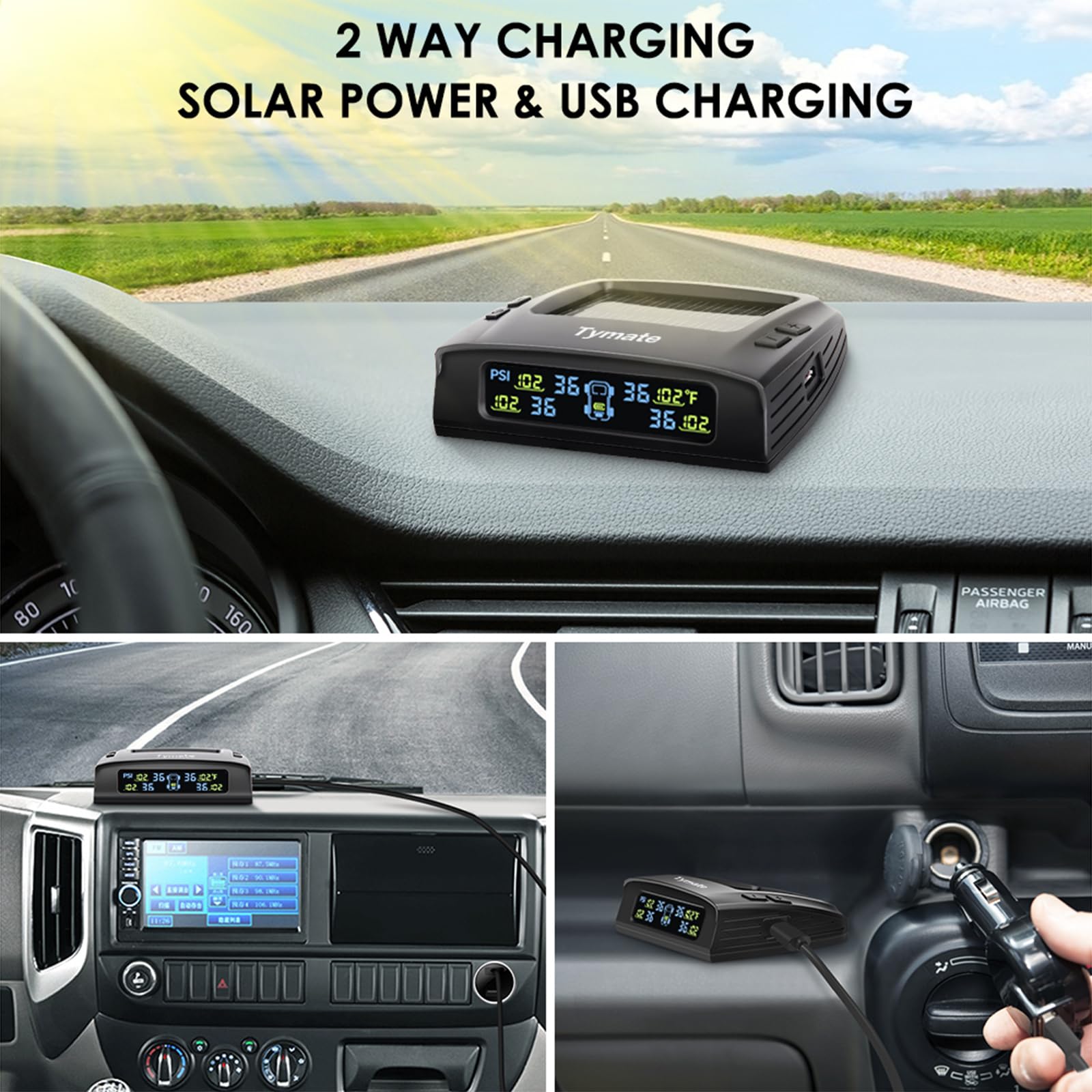 Tymate RV Tire Pressure Monitoring System TM2, Solar Charge, 4 Sensors, 0-87 PSI, Color LCD Display, 5 Alarm Modes