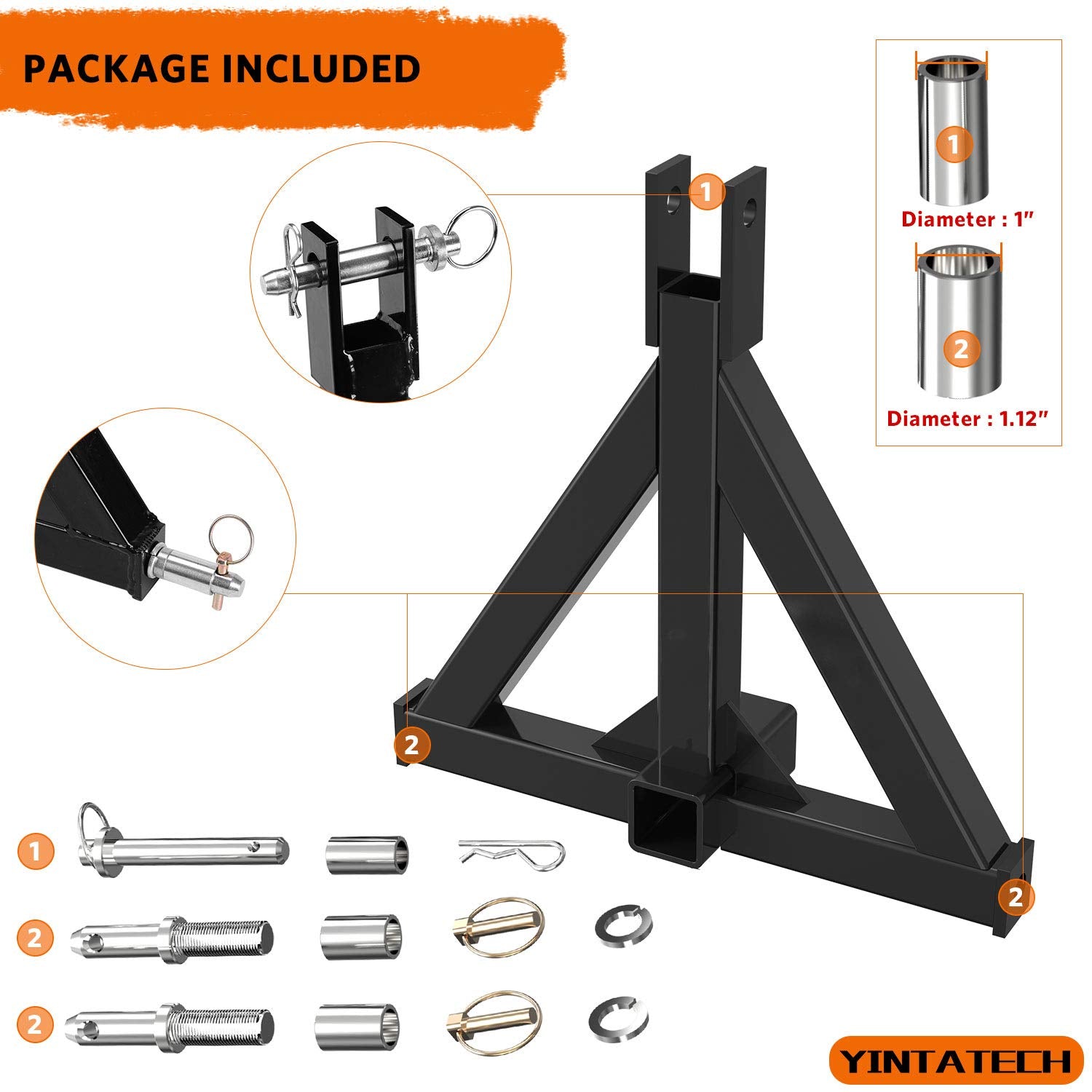 YINTATECH 3 Point Hitch Adapter, Heavy Duty Metal Drawbar for Kubota, John Deere, Black, Large
