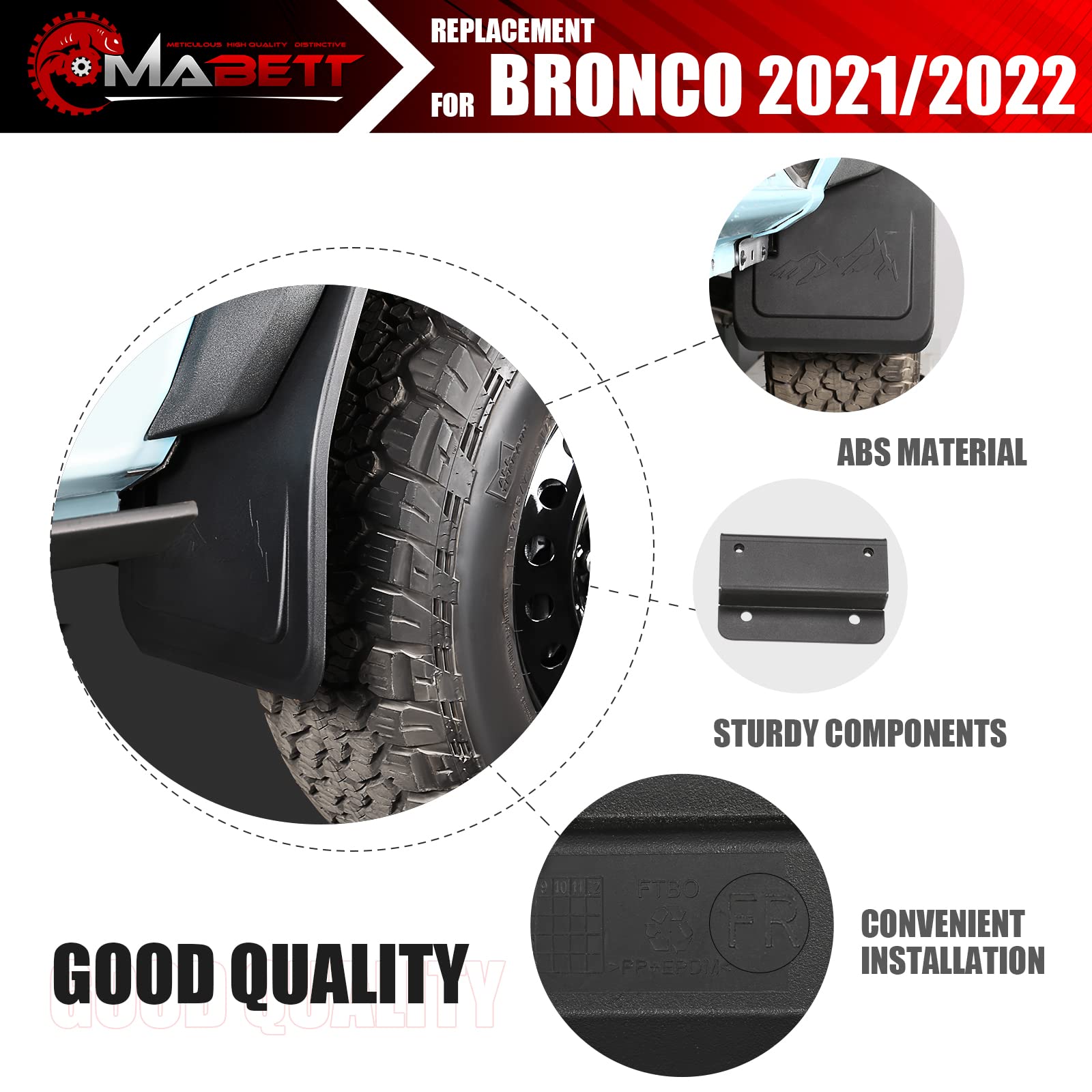 Mabett Mud Flaps for Ford Bronco 2021-2023, 2PCS Front, ABS Material, No Punching Required