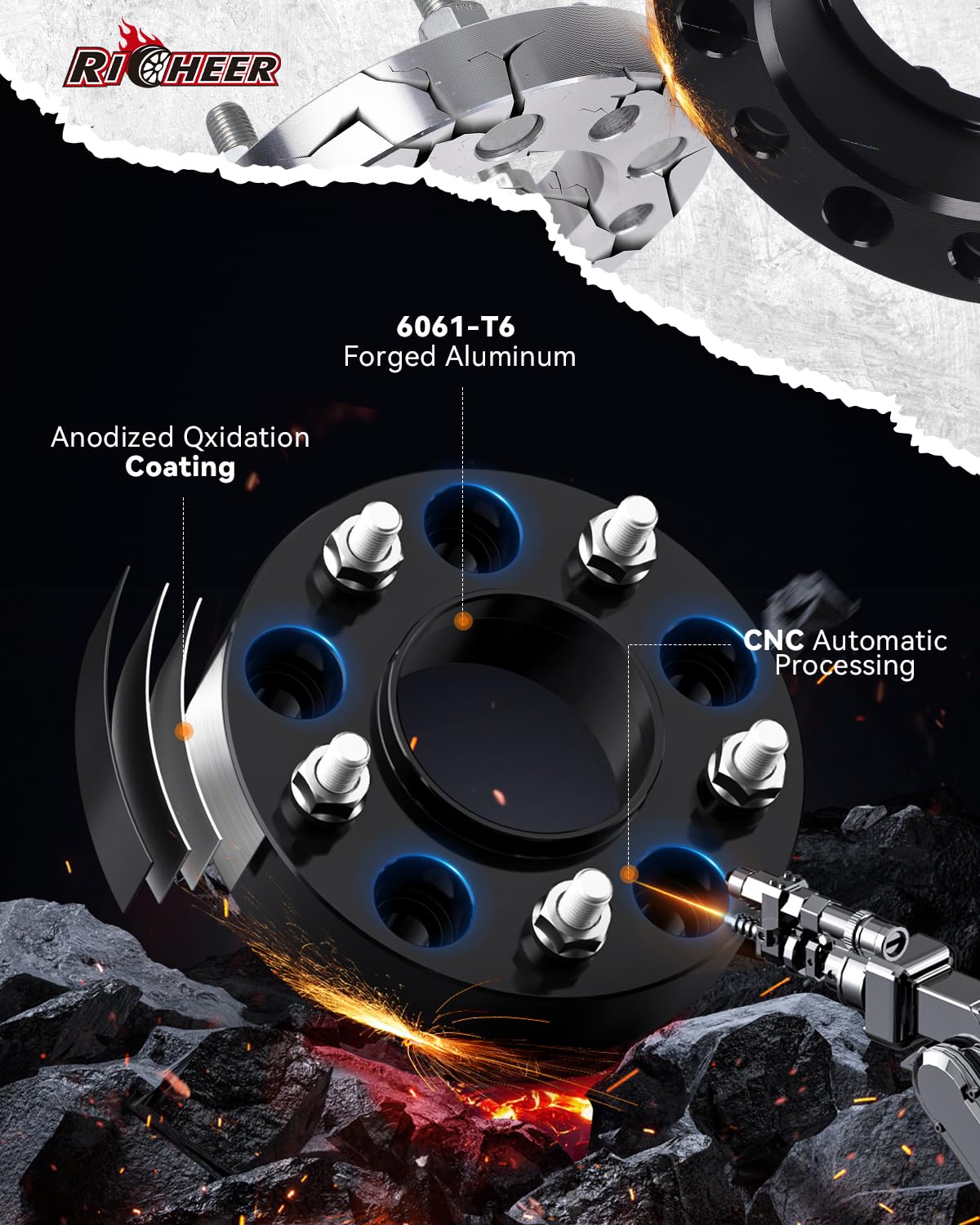 Richeer 1.5" 5x5 Wheel Spacers for Wrangler JL, Grand Cherokee WK2, Gladiator JT - Aluminum, Black, M14x1.5 Studs