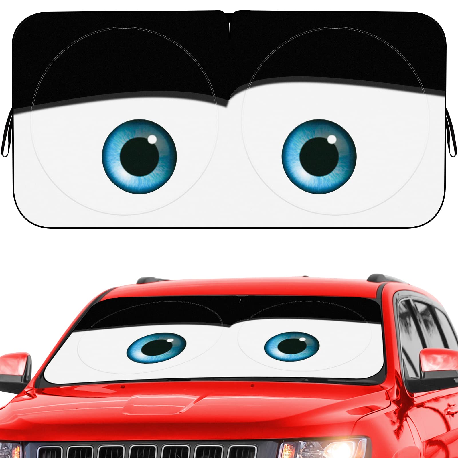 Eygeufg Car Windshield Sun Shade, Funny Eyes Design, Foldable 59"x27.5"/63"x31.5", Wear-Resistant Polyester, Eyes-Black