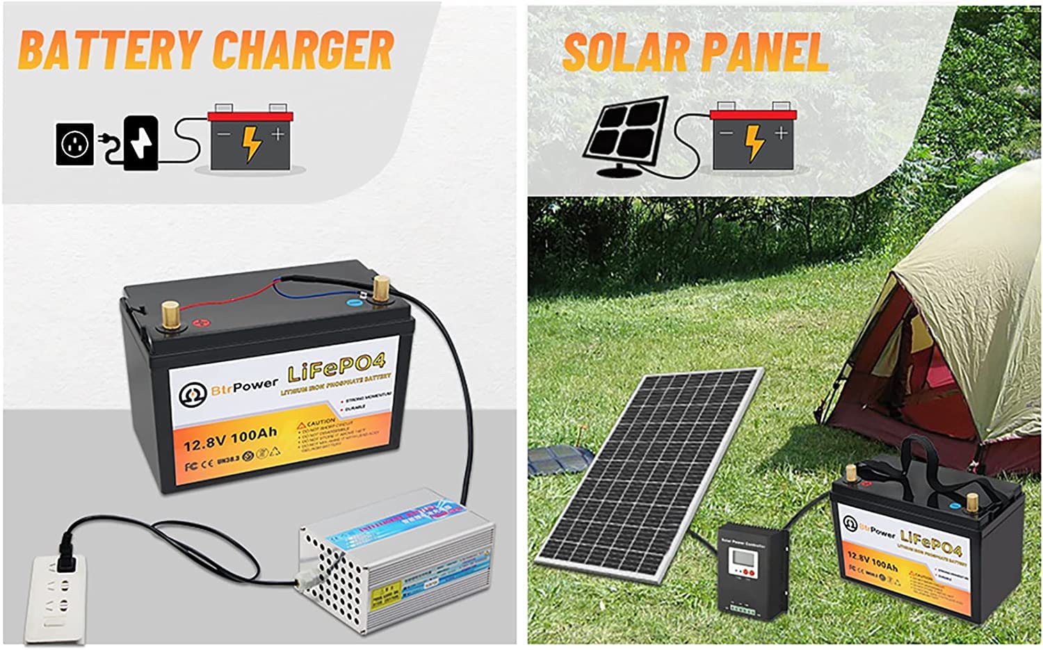 BtrPower 12V 100AH LiFePO4 Lithium Battery with 14.6V 10A Charger for RV, Off-Grid, Solar, Marine, Golf Cart, Deep Cycle