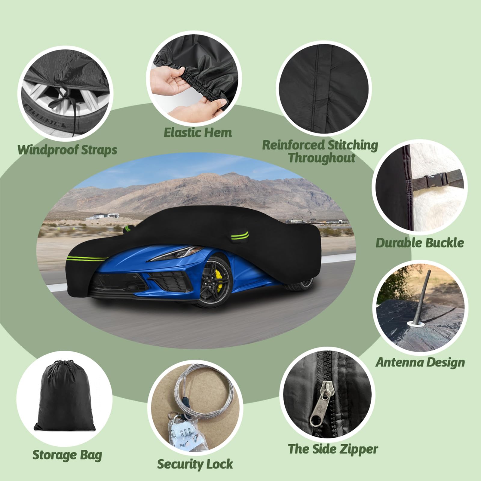 BETERNY Car Cover for 2020-2025 Chevy Corvette C8, Heavy Duty 6 Layers Waterproof, Black, Model SD-XB01058
