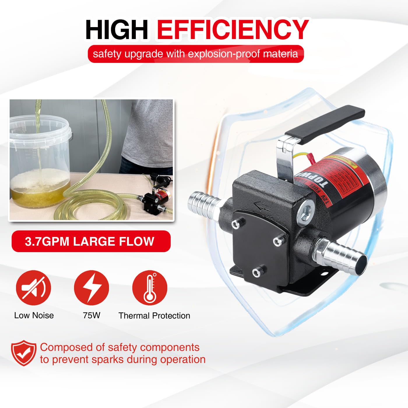 TOPWAY 12V DC Self-Priming Fuel Pump 3.7GPM, Reversible, Overheat Protection, Model TOP621, for Gasoline, Diesel, Kerosene Transfer