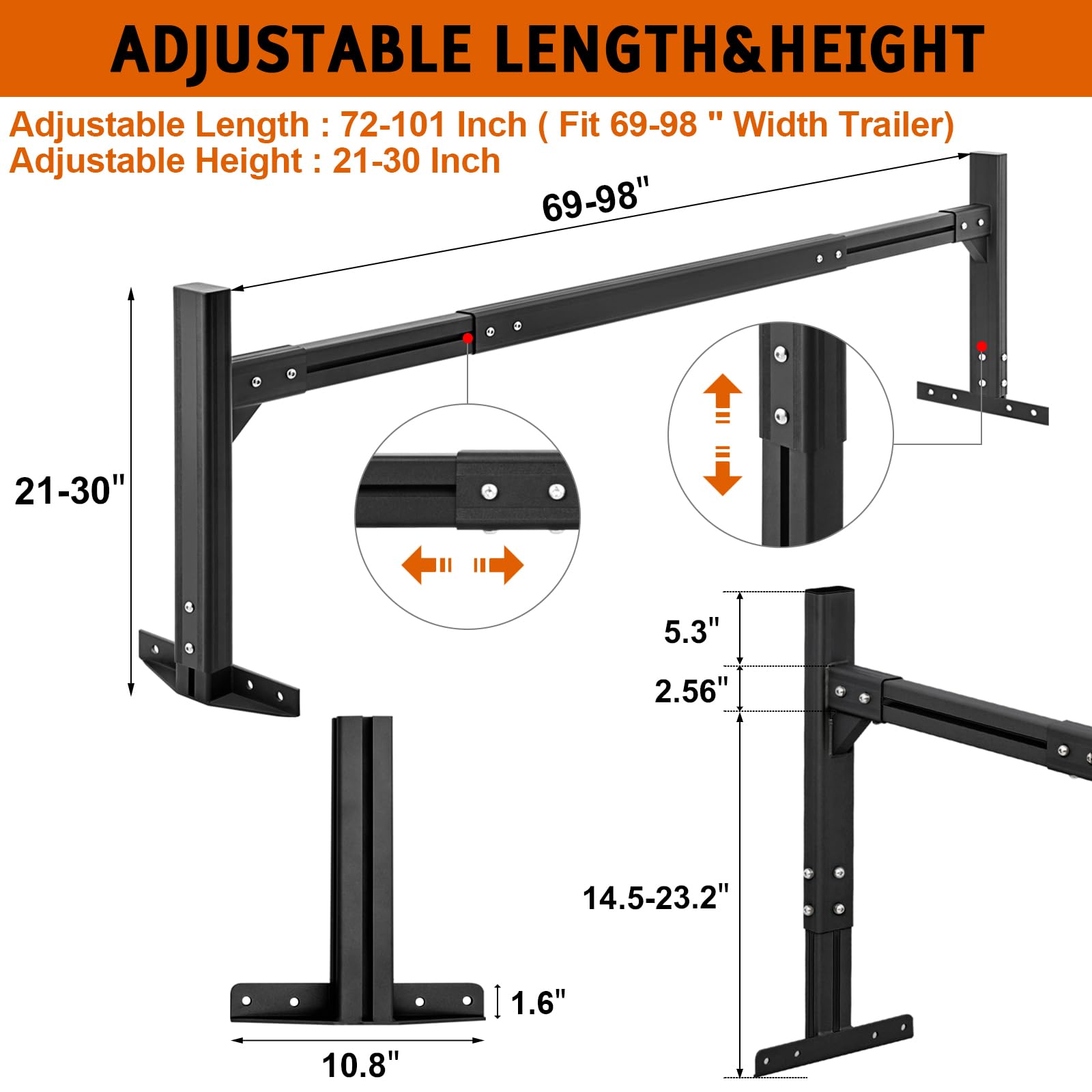 CIRONBOW Adjustable Aluminum Trailer Ladder Rack - 5.7FT-7.7FT, 800LB Capacity, Black, Includes 2 Straps for Open & Enclosed Trailers