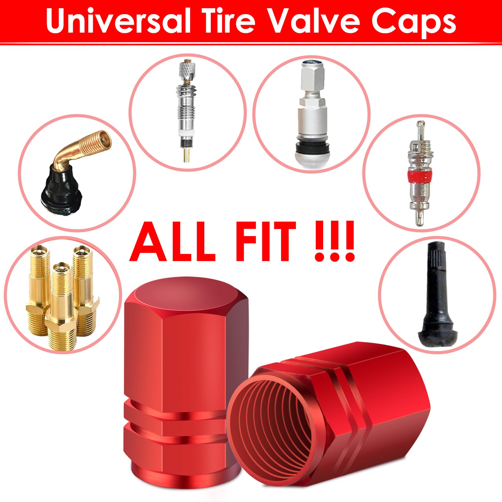 Red Auto Tire Valve Stem Caps: Tire Air Pressure Caps, Universal Schrader Valve Cap for Car Bike Truck Motorcycles