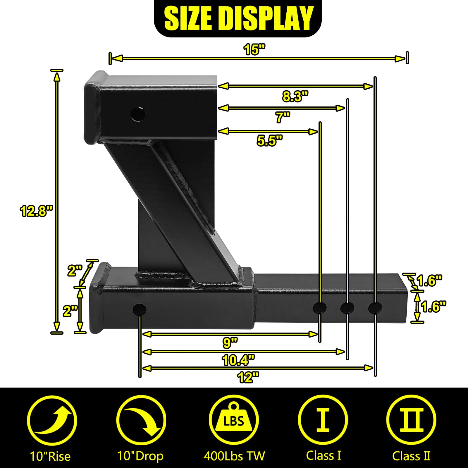KAIRAY Double Hitch Receiver Adapter, 10 Inch Rise/Drop, Alloy Steel, Fits 2 Inch Trailer Receivers, Model HY0053, Black