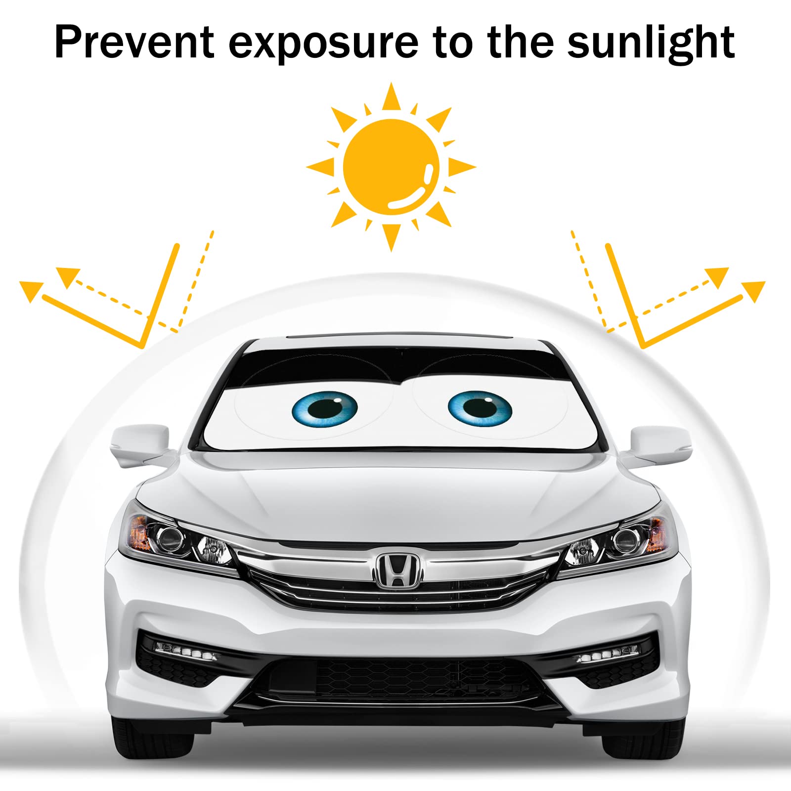 Eygeufg Car Windshield Sun Shade, Funny Eyes Design, Foldable 59"x27.5"/63"x31.5", Wear-Resistant Polyester, Eyes-Black