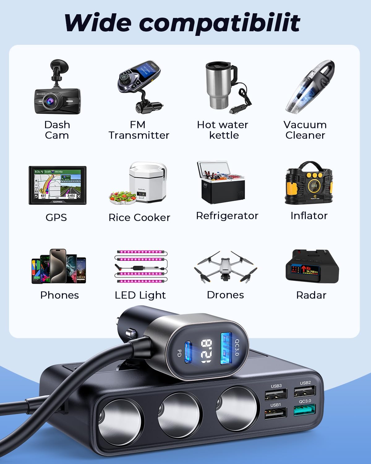 JOYROOM 9 in 1 Cigarette Lighter Splitter Car Charger Adapter, 154W PD/QC 3.0, Black, JR-CL06, 12V/24V