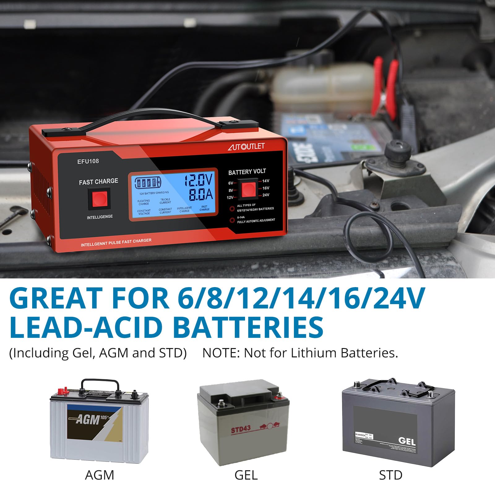 AUTOUTLET 8V Battery Charger for Golf Carts & Automotive, 0-10A, Red, Lead-Acid Compatible