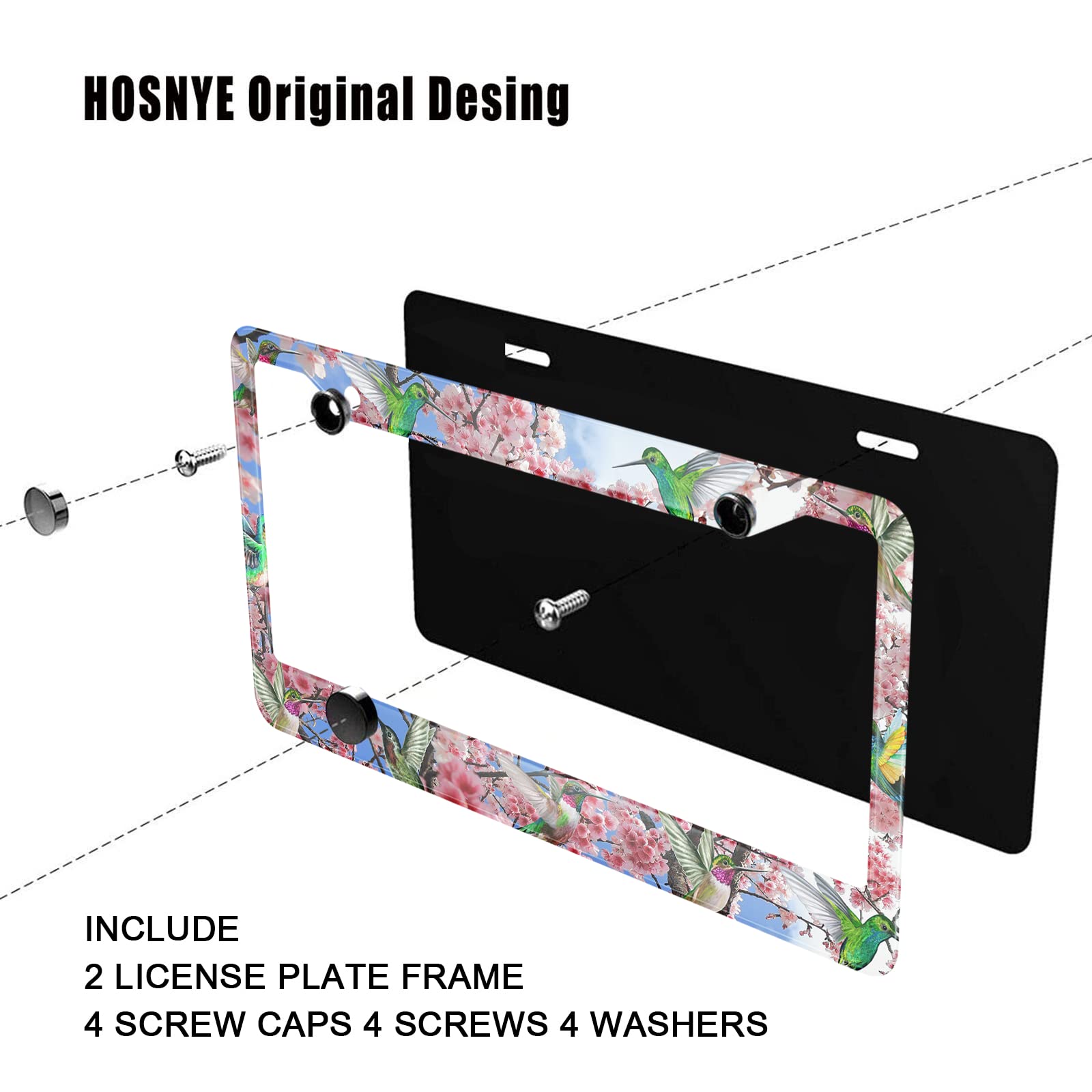 HOSNYE Hummingbirds License Plate Frame Black 2 Pcs Among The Peach Blossom Trees Metal Cute Licenses Plates Frames Licenses Pla