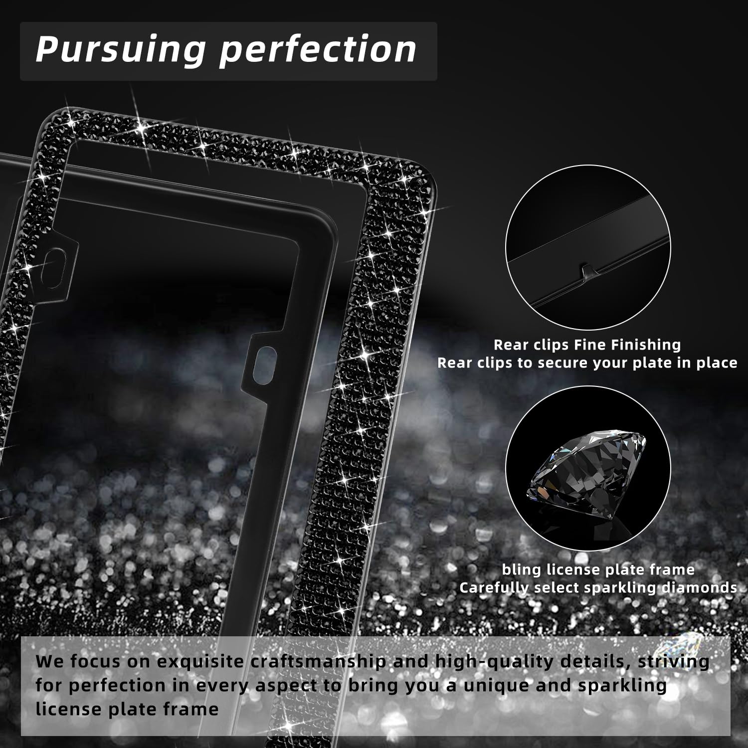 OKLPF Bling License Plate Frame for Women - 2PCS Sparkly Black Frames with 1200+ Bedazzled Rhinestones, Model OK0525, Free Glitter Box