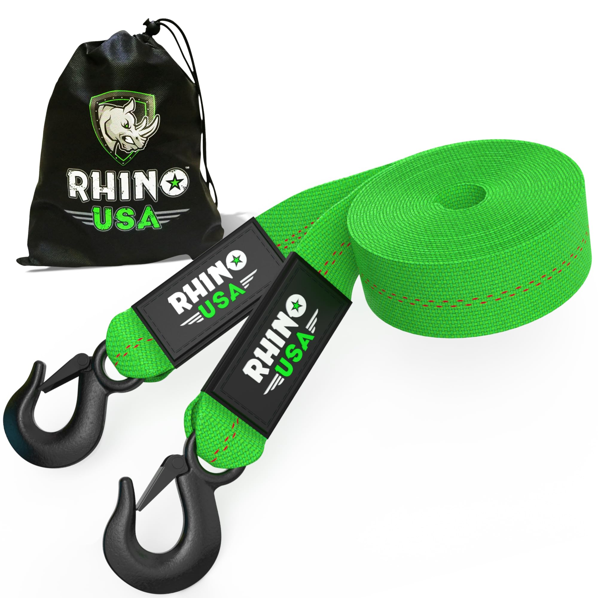 Rhino Usa Tow Strap With Hooks (2 Inch X 20 Foot) Lab Tested 10,321Lbs Break Strength - Heavy Duty Emergency Towing Straps With Forged Steel Hooks For Roadside Recovery - Not For Off-Road Recoveries