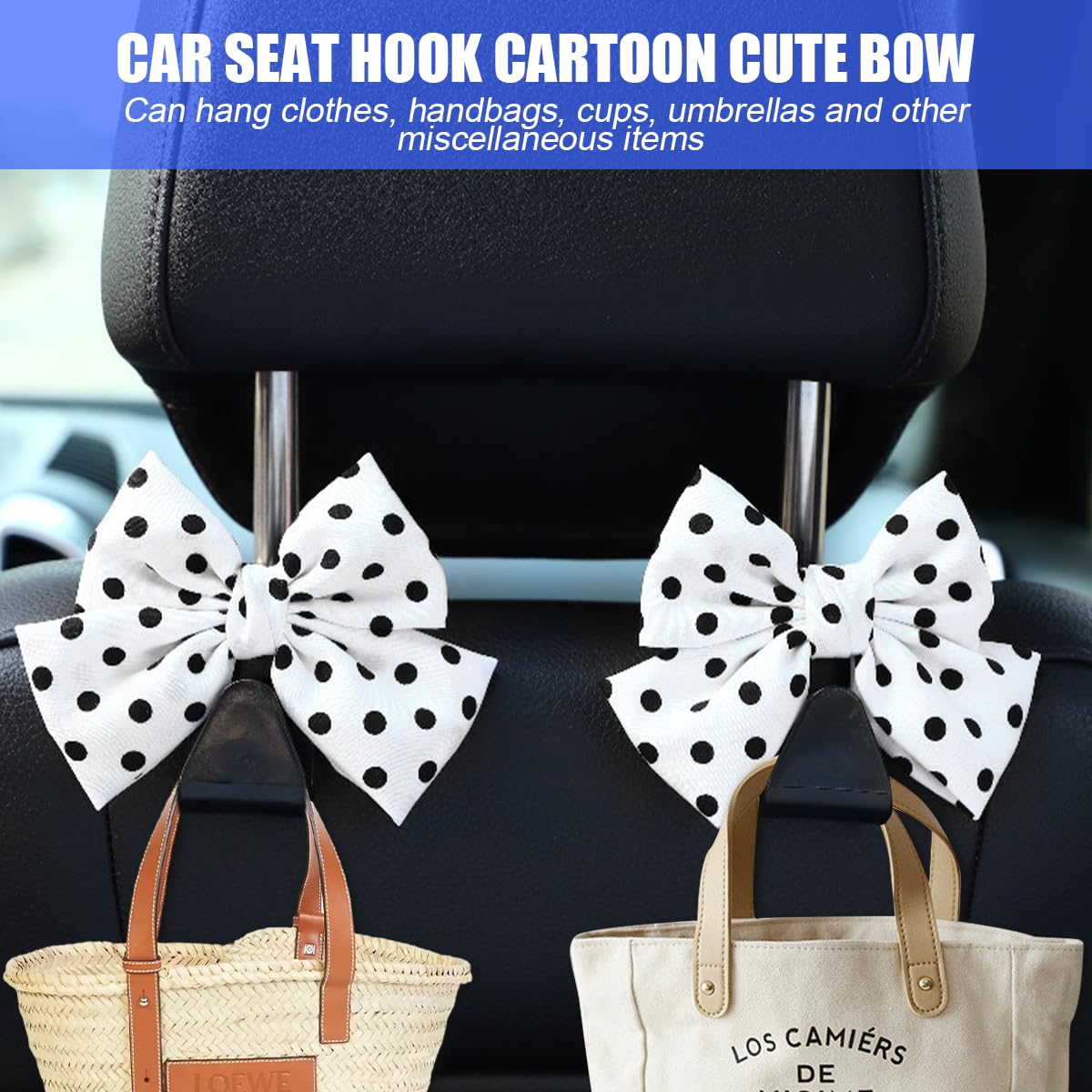 Mandark 2-Piece Car Seat Headrest Hooks - Universal for All Vehicles, Cute Bow Hooks for Purses & Bags, Interior Decoration Acce
