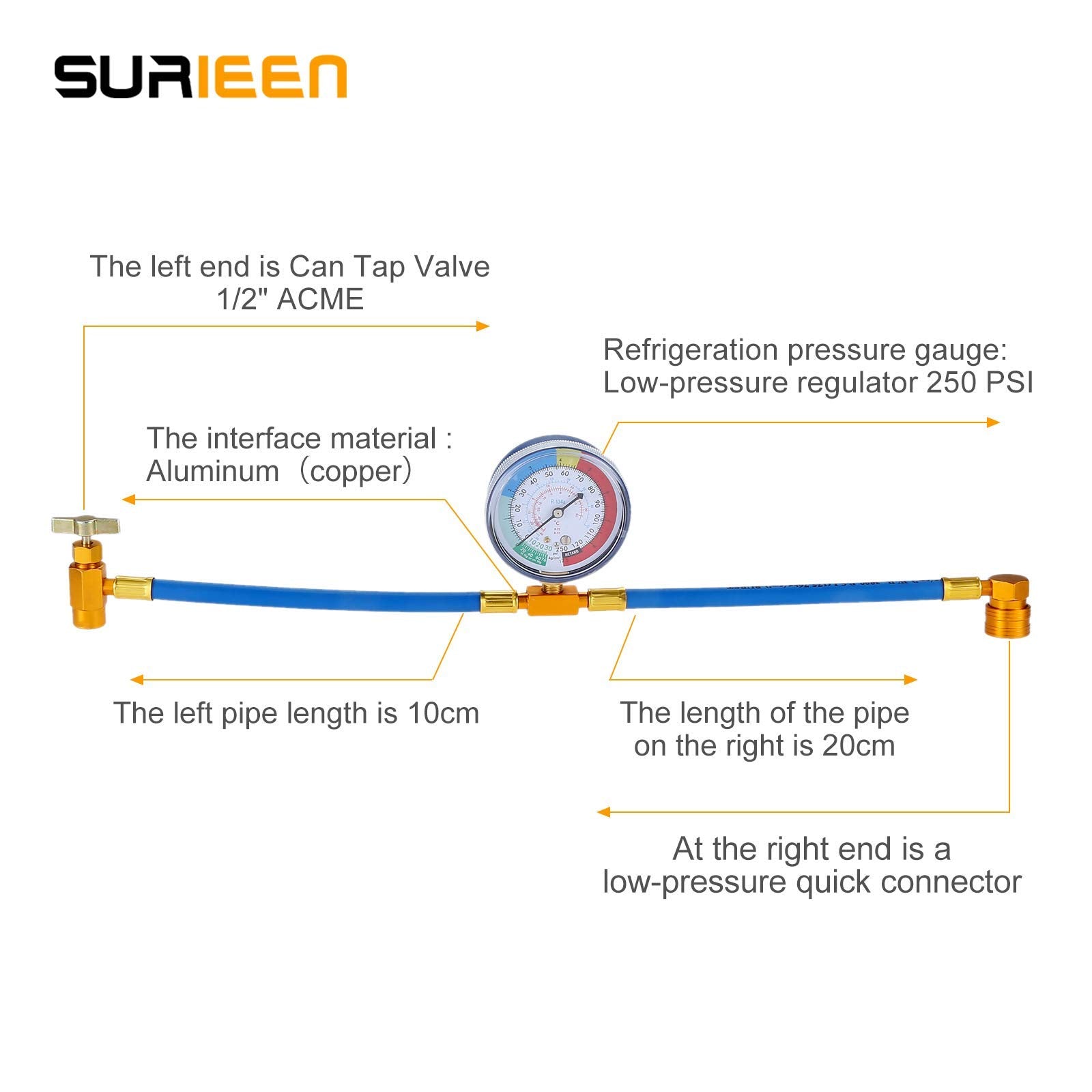 Surieen Ac Charge Hose With Gauge, R134A Ac Refrigerant Recharge Hose Kit, 1/2    Can Tap Dispensing Valve And R134A Quick Coupl