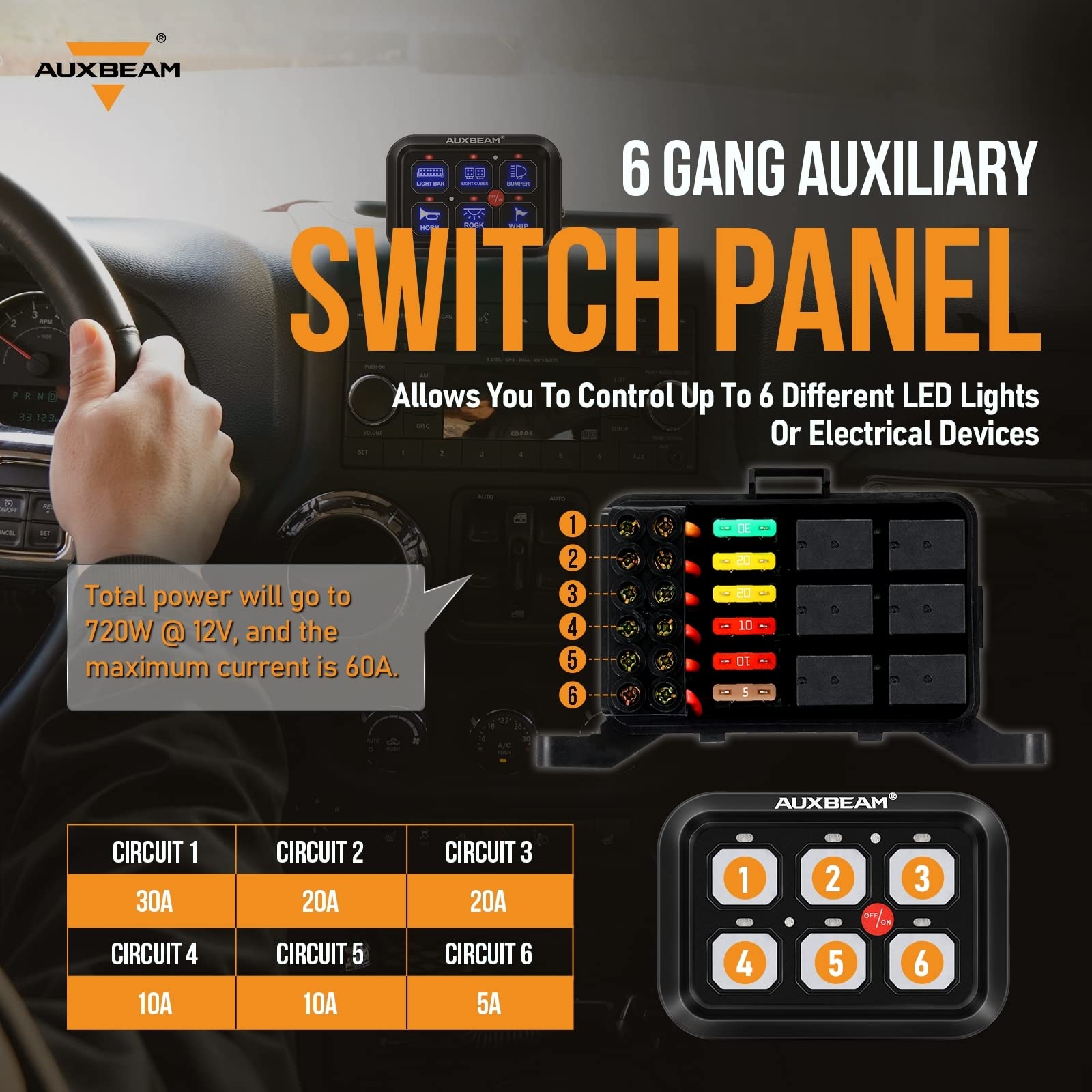 Auxbeam 6 Gang Switch Panel BC60, Blue, Aluminum, Touch Control Relay System for Car, Truck, UTV, SUV - 2 Year Warranty