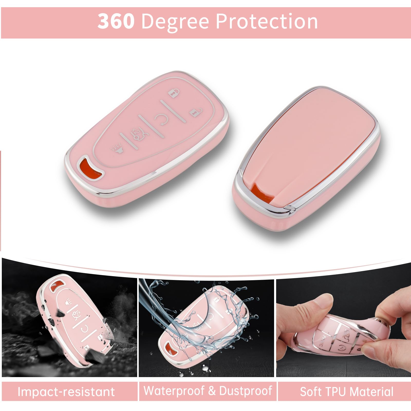 Pangpai Pink Key Fob Cover for Chevy, Soft TPU Key Case Protection with Bling Keychain Fit for Chevrolet Equinox Malibu Camaro T