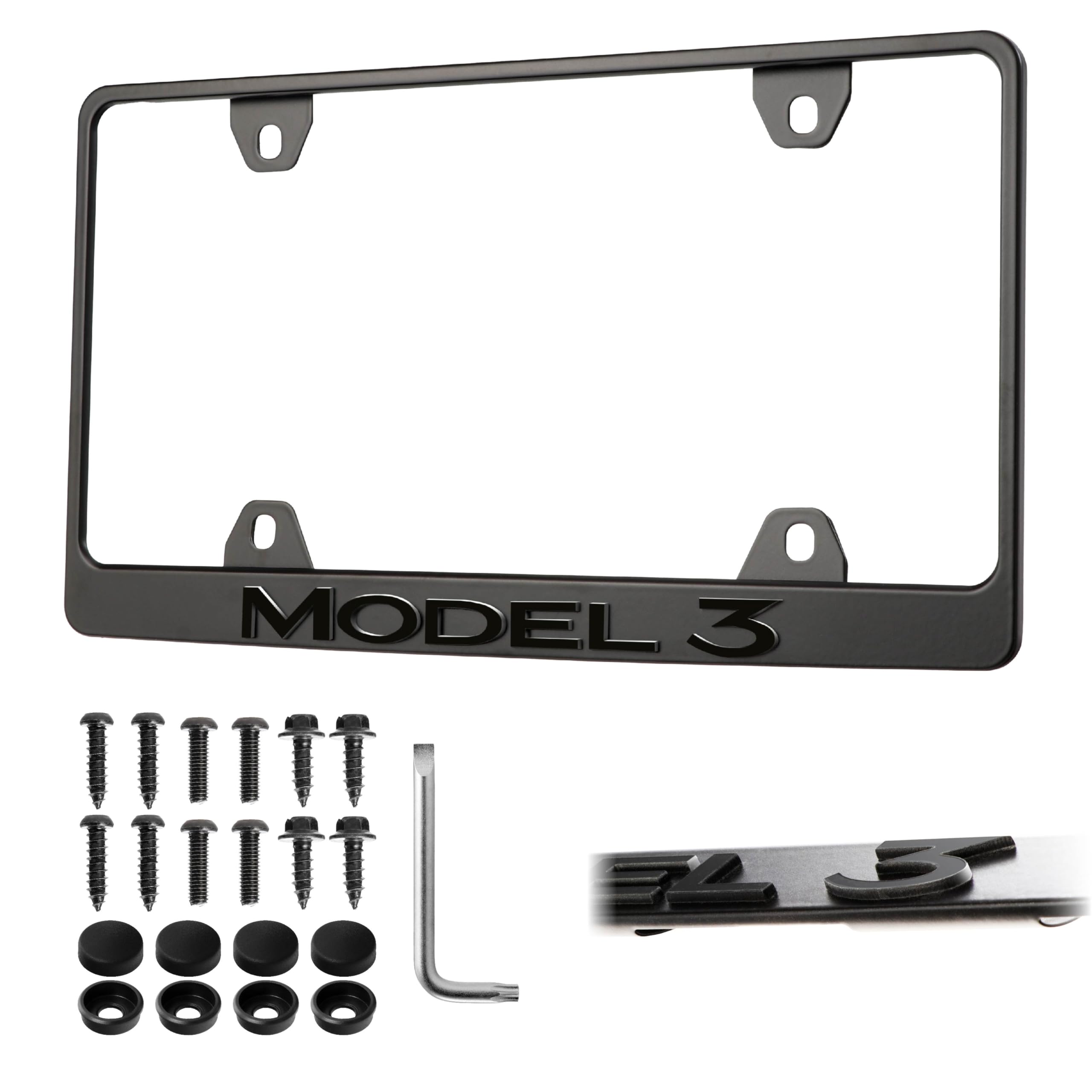 Model 3 License Plate Frame - Stealth Black Powder Coat UV Resistant Rust-Proof Steel Plate Holder - One Piece - Compatible with