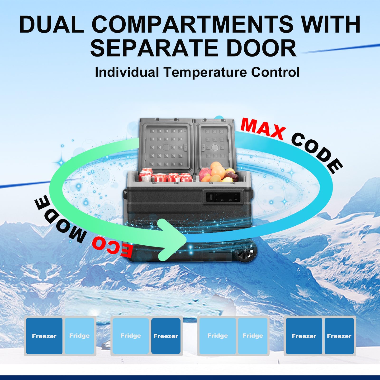 Alpicool Ud65 Portable Wheeled Car Freezer With Dual Compartments,12 Volt Car Refrigerator, 60 Quart Fast Cooling Fridge, With 1