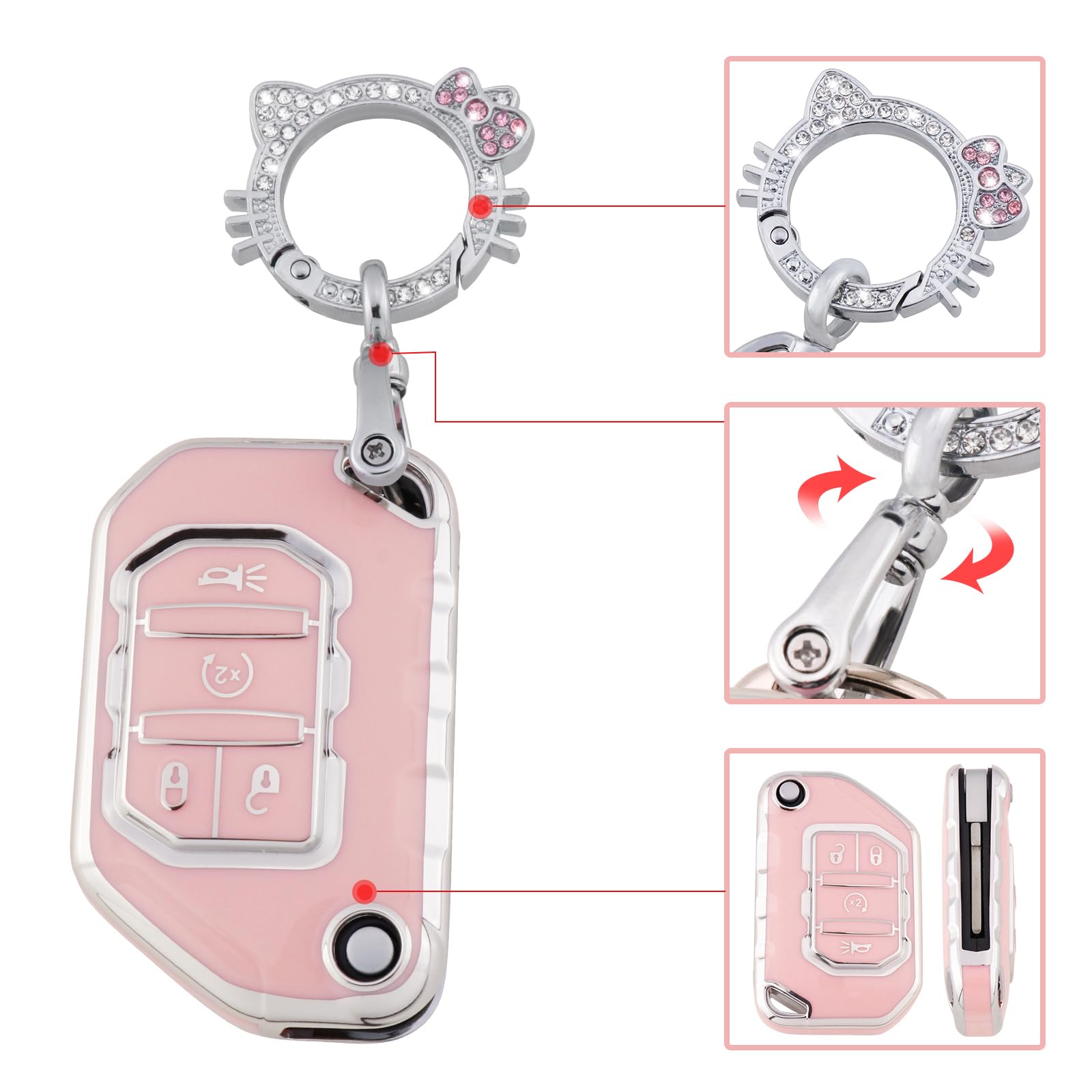 Pangpai TPU Key Fob Cover for Jeep Gladiator/Wrangler, Pink with Bling Keychain, Fits 2018-2022 Models