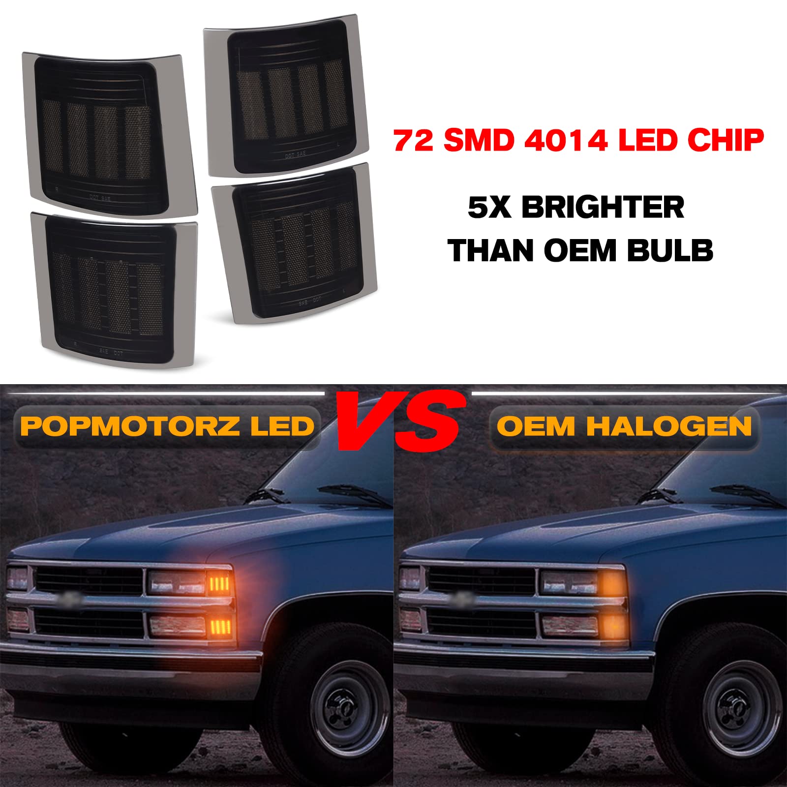 Popmotorz 4 Pack Led Front Corner Light Side Marker Signal Lamps Assembly Kit For Chevy C/K Series 1500 2500 3500 Chevy Tahoe/Chevy Suburban/Chevrolet Silverado 1994-1998 Pickup Truck Smoked Len