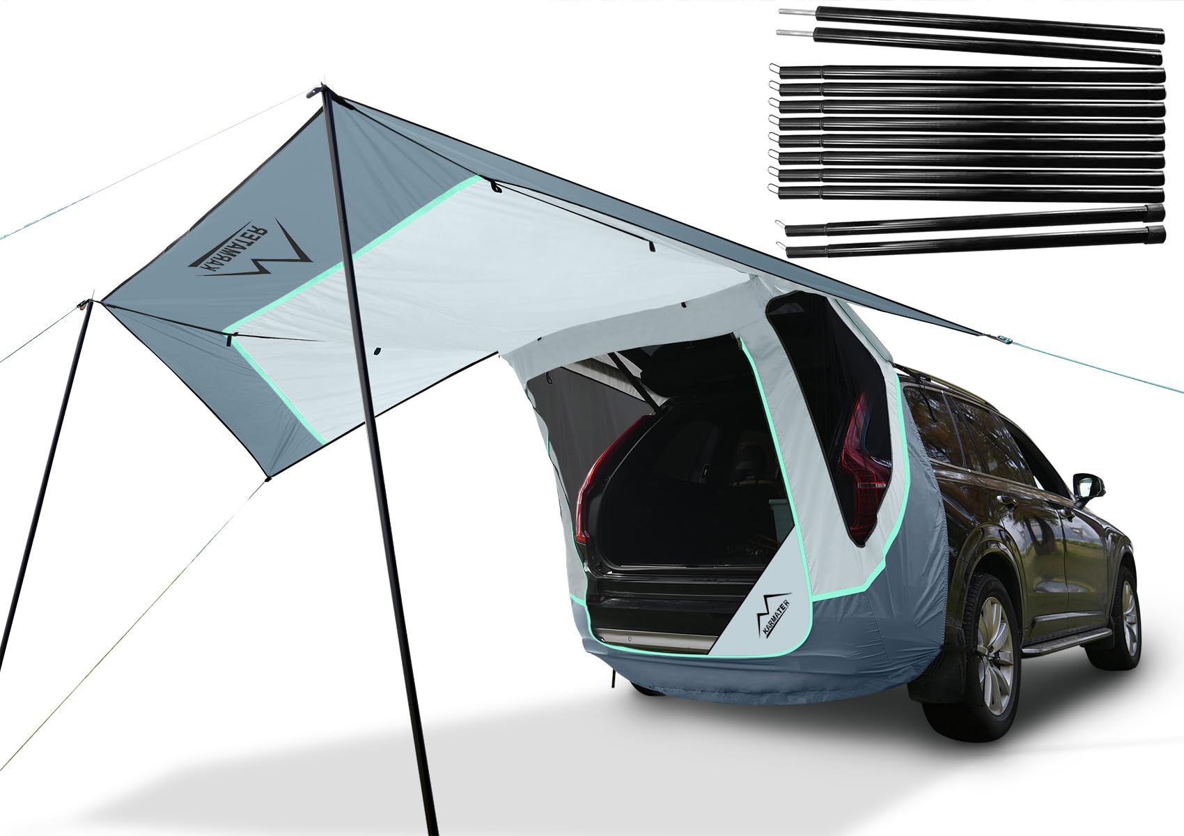 Poles Included SUV Tailgate Tent with Three Sides Awning Shade & Transmittance Mosquito Net, Hatchback Camping Sunproof Car Tent