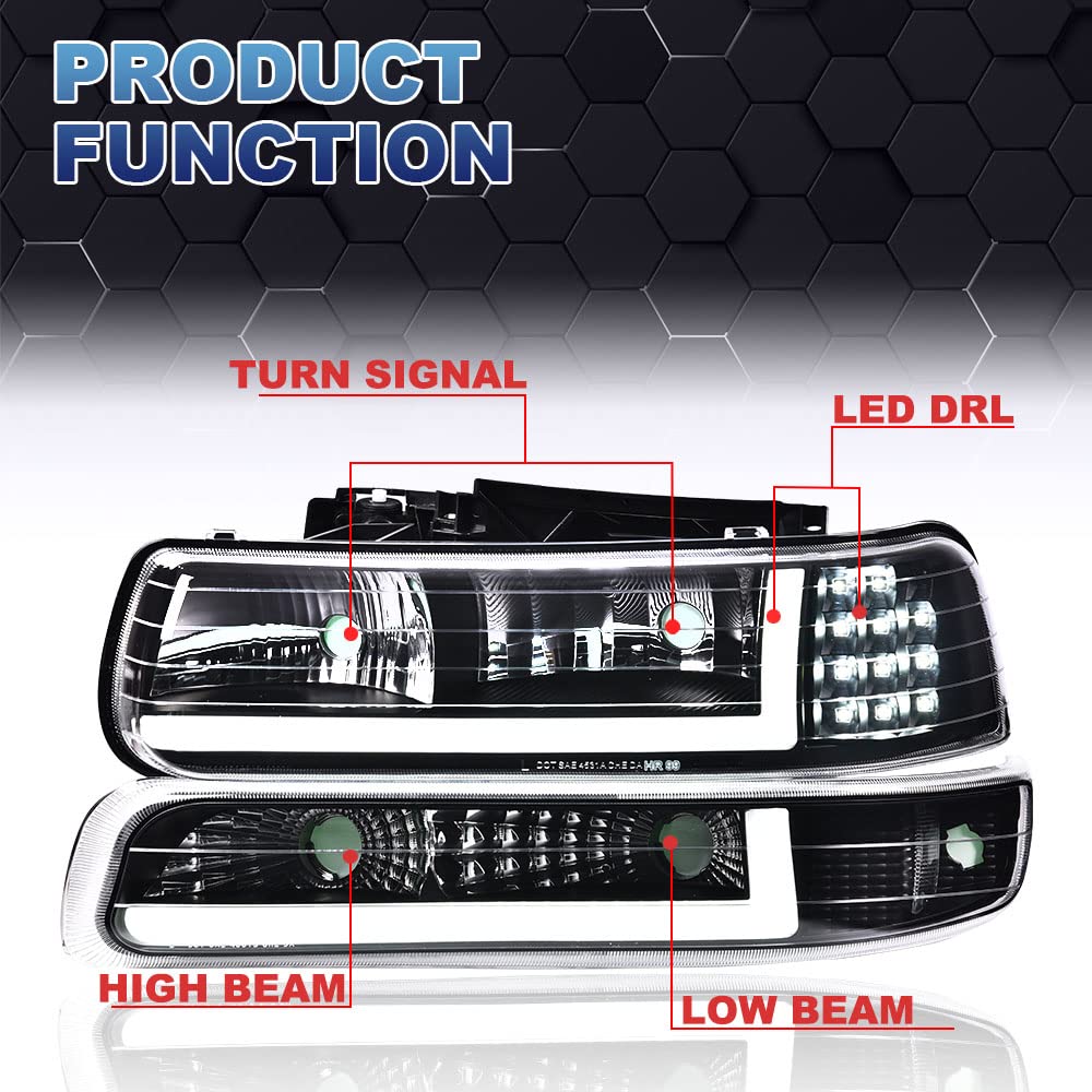 PIT66 LED Headlights for 99-02 Chevy Silverado, Tahoe, Suburban - Clear Lens, Black Housing, ABS Plastic, LED Style